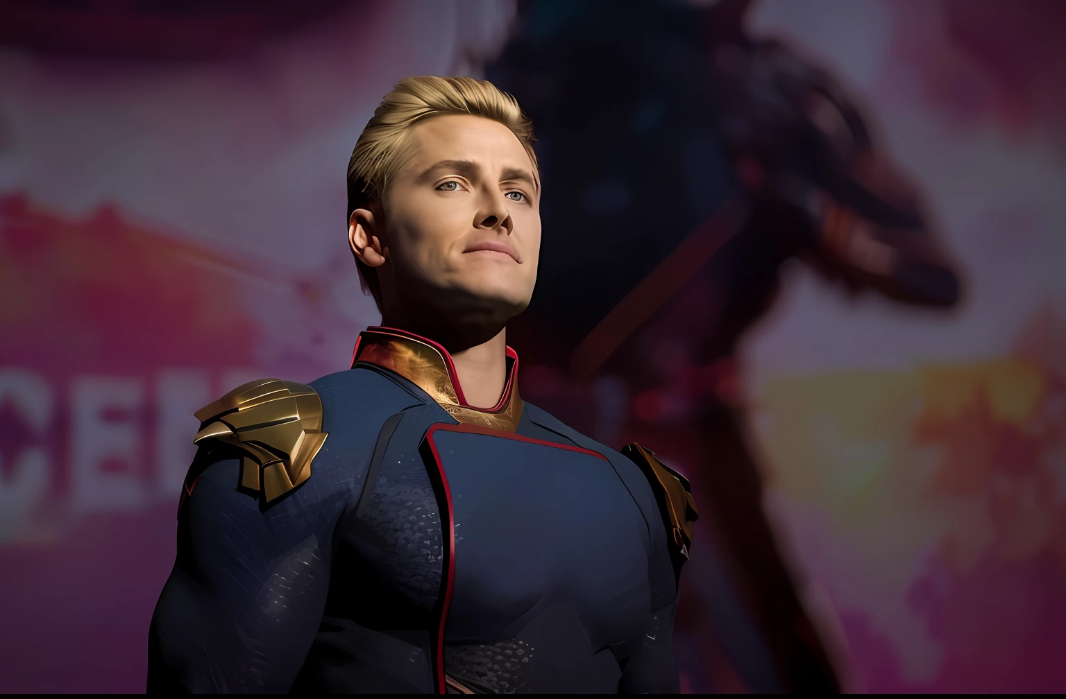 arafed man in a blue suit with a sword in his hand, Homelander dos meninos, figura de cera, sem cimaer-hero of the TV show Boys, Retrato de Homelander, foto ainda, medium close - em cima ( Mcu ), Taron Egerton como Wolverine, Homelander, Da Marvel Studios, Justin Hartley como Sem cimaerman, sem texto, Filme da Marvel ainda