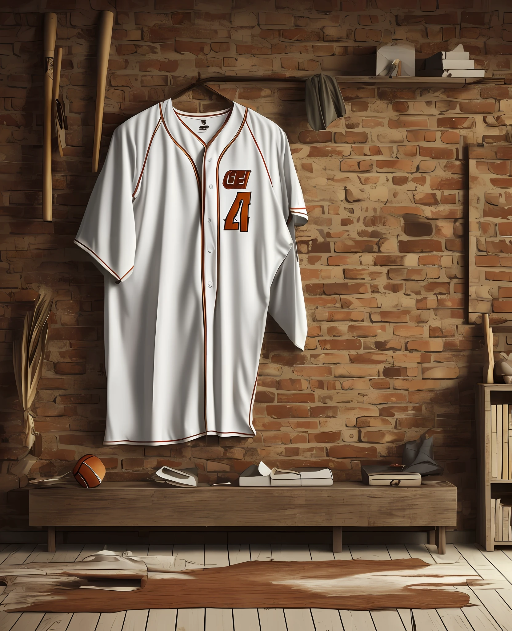 there is a baseball bat and a baseball shirt hanging on a wall, fundo do quarto pessoal, arte conceitual escura fotorrealista, eerie nostalgic concept art, post grunge concept art, fan art, an empty backroom at night, arte de fundo interior, arte conceitual altamente realista, Arte Oficial HDR, arte conceitual limpa, cena de arte conceitual, quarto sujo, arte conceito. 8 k --auto