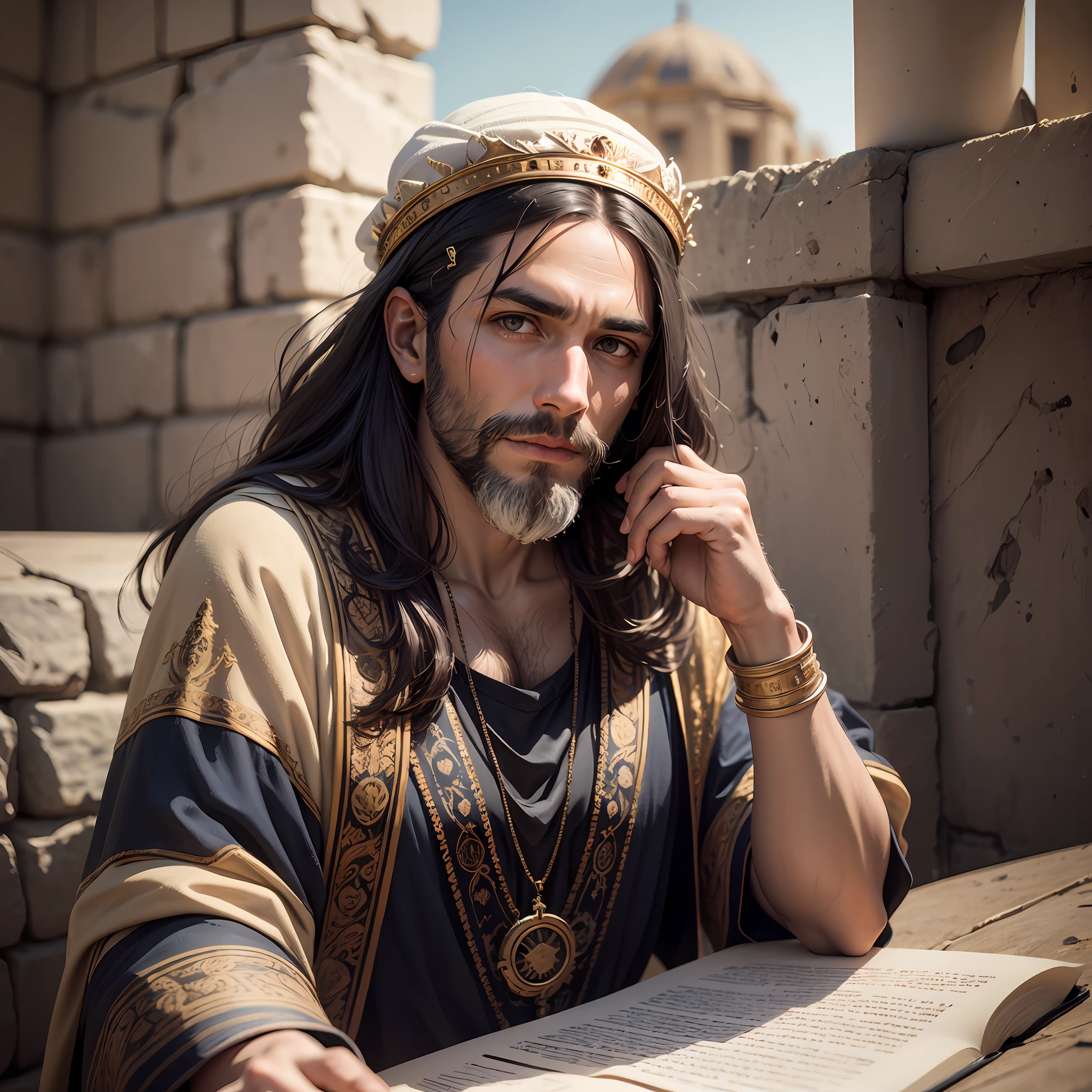 Foto RAW, Portrait of King Solomon, um homem com barba e cabelo grande e preto de 40 anos usando roupas de Rei da epoca de jerusalem da biblia, detalhes da roupa, usando uma coroa de rei, detalhes da coroa, pale skin, corpo esguio, (fundo de templos antigos) (pele altamente detalhada: 1.2), 32k uhd, DSLR, smooth lighting, alta qualidade, film grain, Fujifilm XT3 --auto --s2