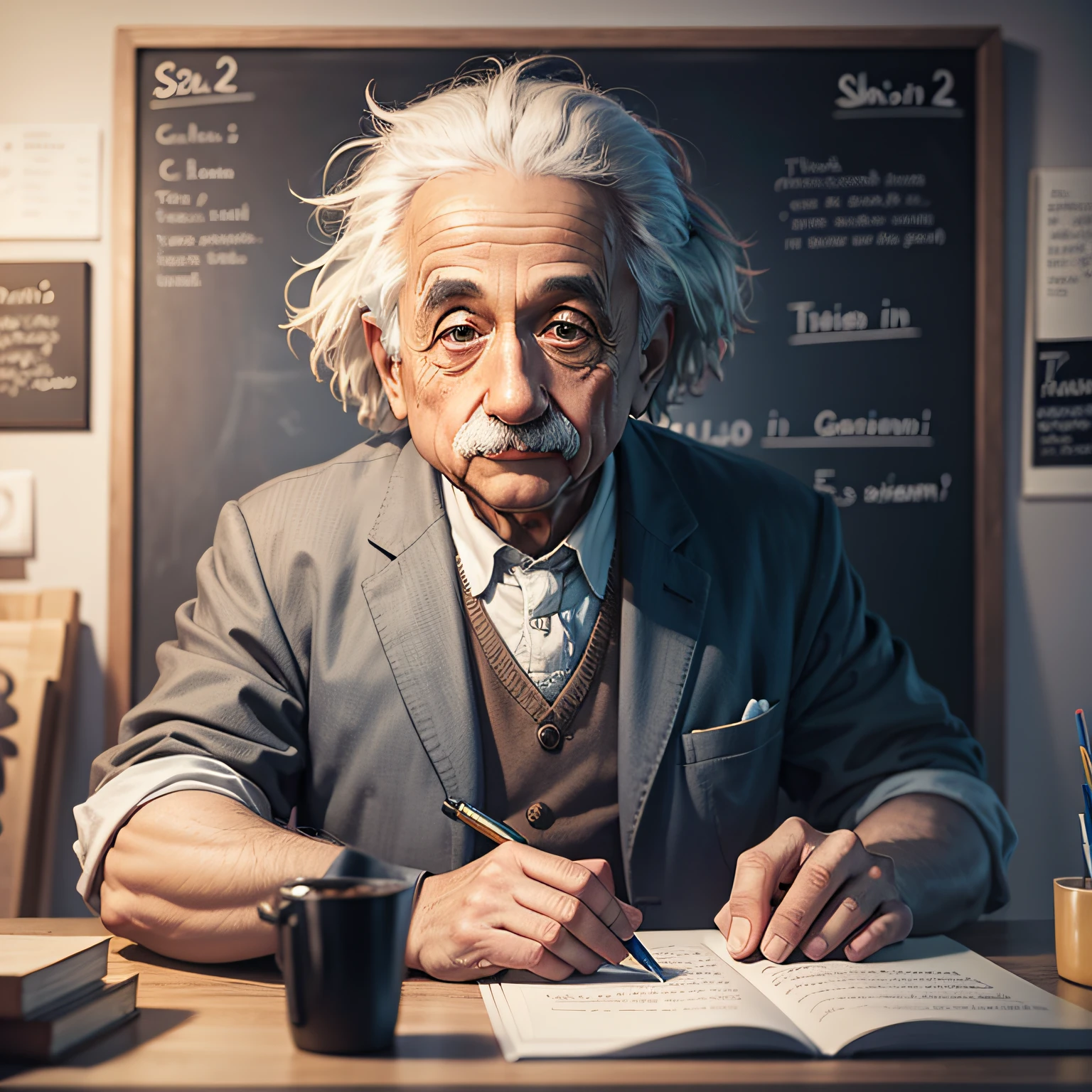 ((RAW, estilo, foto colorida de corpo inteiro extremamente detalhada de albert einstein, background laboratory, ((film grain, detalhes da pele, textura da pele altamente detalhada, 8k hdr, dslr)) albert einstein
