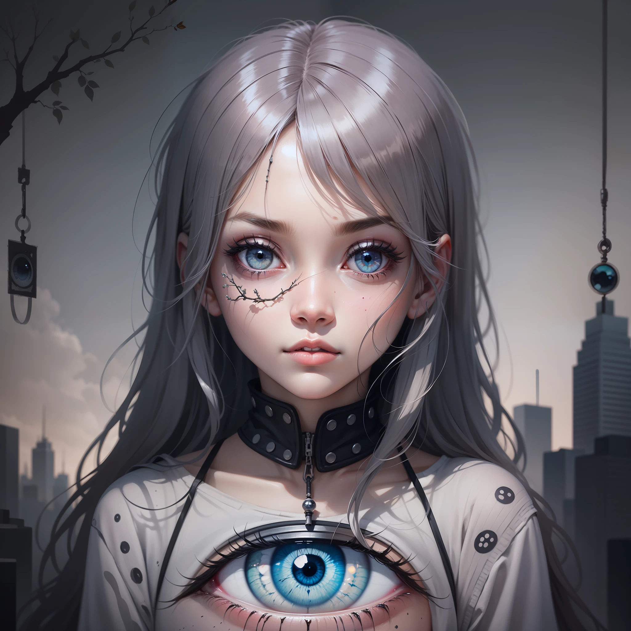 Image of a tree with eyes hanging from the branches, in the style of dystopian realism, drip painting, dark and gritty cityscapes, eerily realistic, hauntingly beautiful illustrations, shiny eyes, fantasy illustrations with an eye on it, eyeball growing form tree branch, eyeball, ( all seeing eye ), all - seeing eye, kaethe butcher, 3rd eye, stalk eyes, single eye, all seeing eye, illustration in pen and ink, inspired by Ren Xun, pen and ink work. sharp focus, No people no face