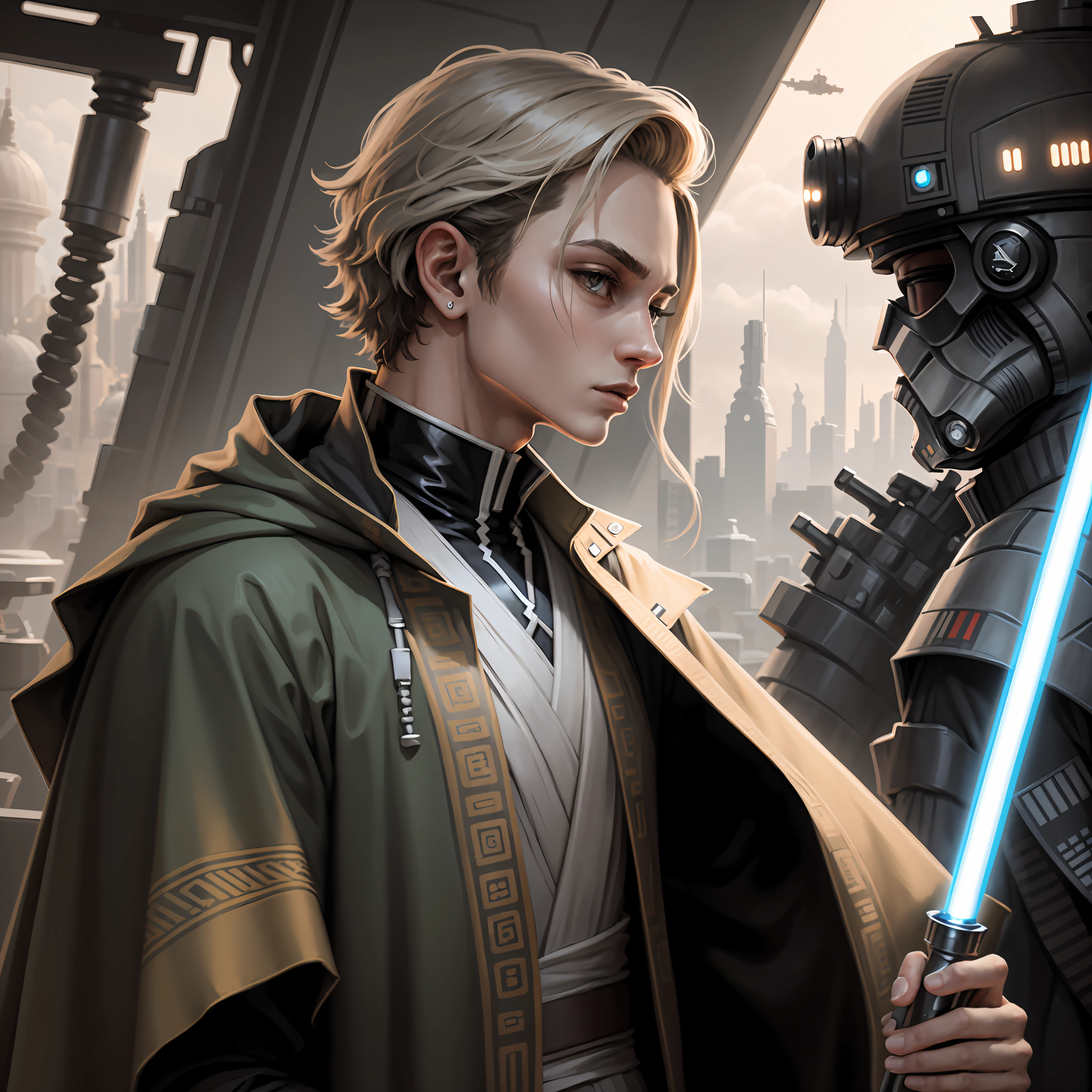 Um homem jovem de 18 anos estilo star Wars em um fundo épico futurista, usando roupa jedi branca com detalhes roxos misturado com azul, cabelo do personagem preto curto, foto de perfil 1:1, symmetrical hands --auto --s2