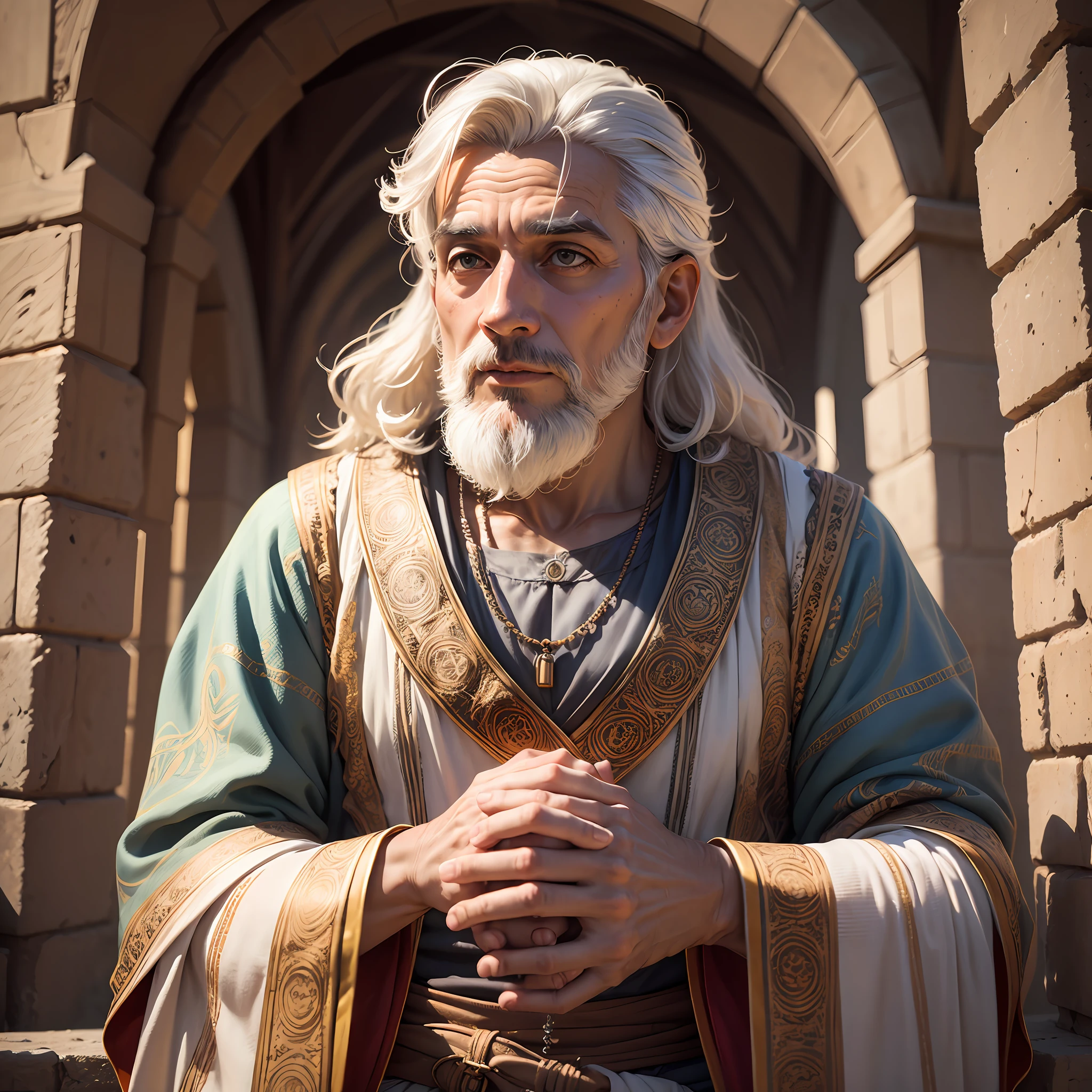Foto RAW, Portrait of King Solomon, um homem com barba e cabelo grande e preto de 40 anos usando roupas de Rei da epoca de jerusalem da biblia, detalhes da roupa, usando uma coroa de rei, detalhes da coroa, pale skin, corpo esguio, (fundo de templos antigos) (pele altamente detalhada: 1.2), 32k uhd, DSLR, smooth lighting, alta qualidade, film grain, Fujifilm XT3 --auto --s2