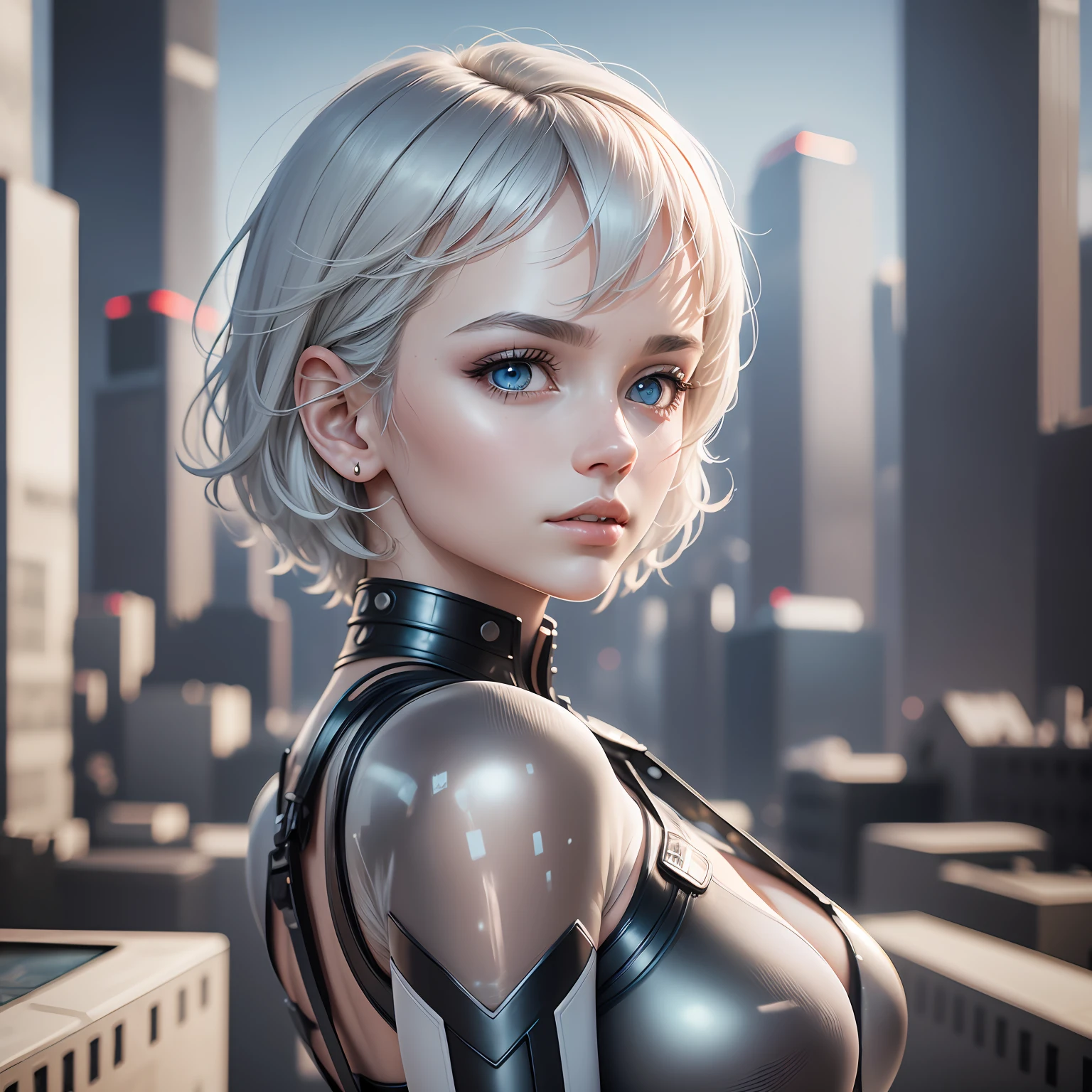 fotografia realista, fotorrealista, realismo, contraste, fotografia, obra prima, cyborg , ethereal beauty, ethereal, ultra realista, Como uma Yael Shelbia, 3d, renderização 3d, porcelana, Melhor qualidade, anatomia humana, cabelos reais, cabelos curtos, Asymmetrical Cut Hair, cabelo em movimento, seios enormes, anatomia humana, posando para foto, translucido, (ethereal, Sonho), formidable, papel de parede 8k, Realistic Textures Dramatic Lighting, Trending na Art Station Cinestill 800 --auto