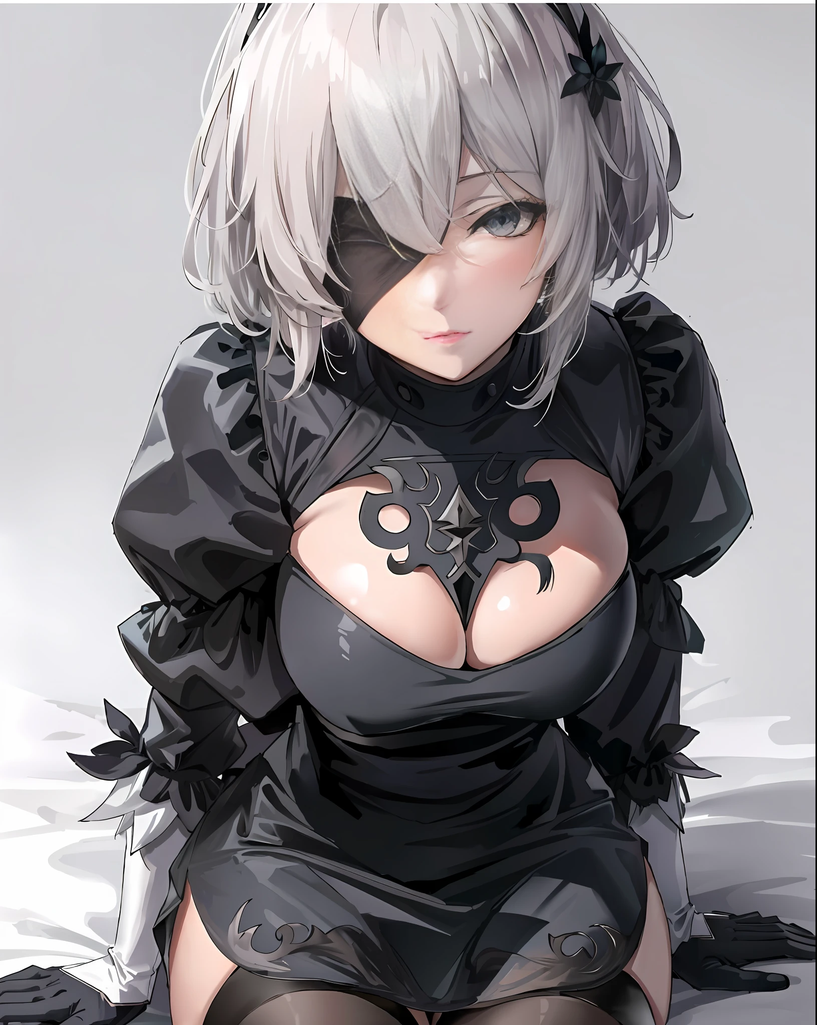 Menina anime com cabelo preto e branco sentado em uma cama, 2b negar automata, 2 b from negar automata, 2b from negar automata, 2b, 2 b, negar 2 b, negar:automata inspired, negar : automata inspired, Negar autoamata, menina anime sedutora, Garota Anime usando um vestido preto, rim inspirado