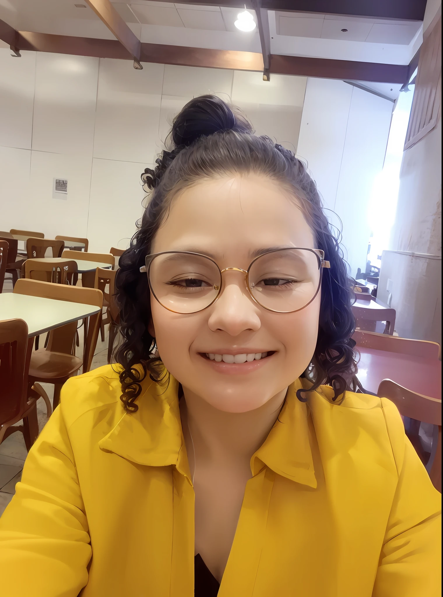 smiling woman in yellow jacket and glasses sitting at a table, foto de baixa qualidade, girl wearing round glasses, Alanis Guillen, fotografia de baixa qualidade, girl with glasses, selfie de uma jovem mulher, Direction: Nandor Soldier, sem marca d'water, Estudante menina nua, imagem de qualidade muito baixa, foto modo retrato, not blurry, foto da mulher jovem
