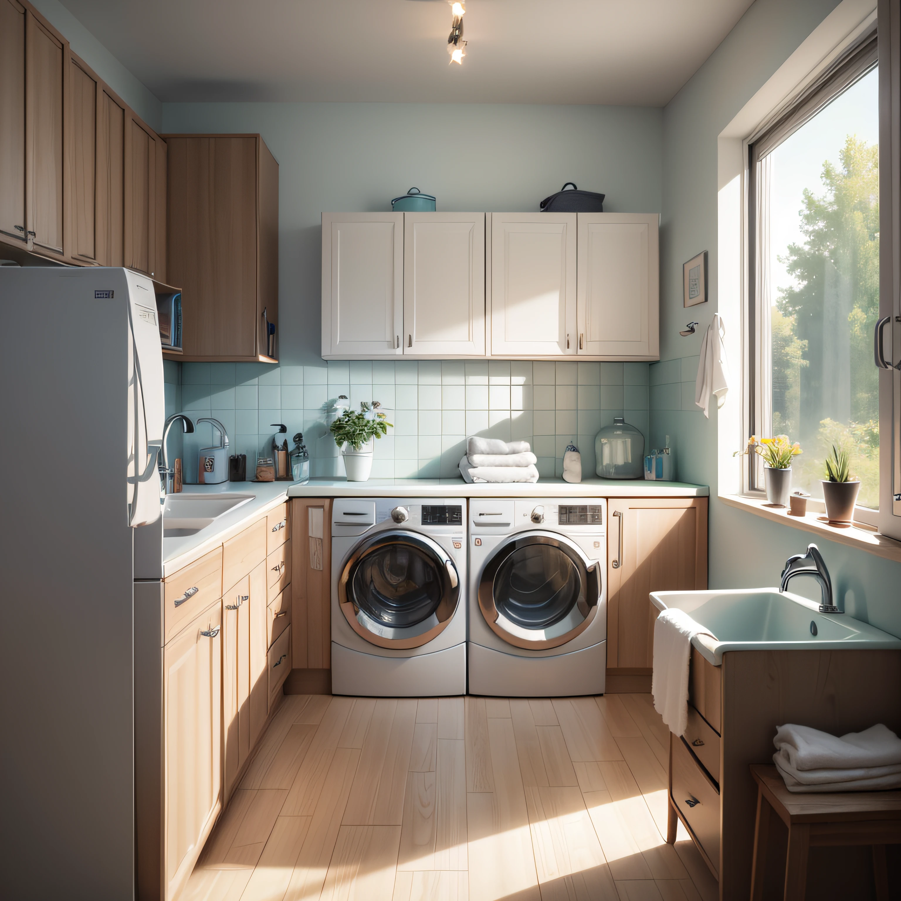 Hyperrealistischer Stil, Meisterwerk, best qualit, 8k, ArtStation, scharfer Fokus, ultrarealistisch, hohe Details, A pretty European woman sits in front of the open washing machine, ihr Sohn steht neben ihr, beide beladen die Waschmaschine, die in einem modernen, freundlichen Badezimmer steht. --auto
