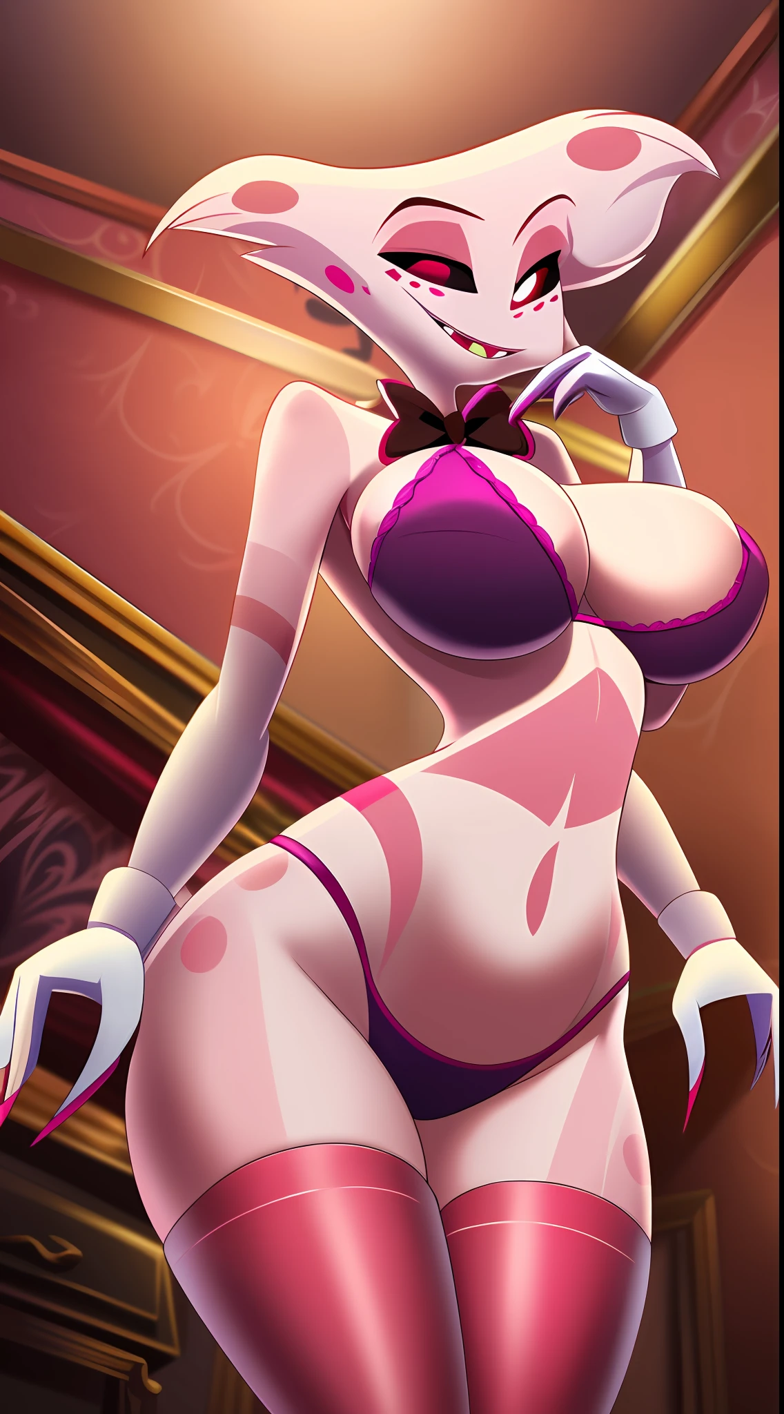 Anthro, wearing bra, wearing pink gloves, wearing thigh high boots, white fur, cartoon, hi res, e621, high resolution, tall, (((angel dust hazbin hotel))), has breasts, big breasts, sexy pose, low angle, in bedroom, detailed fur, good lighting, sharp lighting, chubby, thick, wide hips