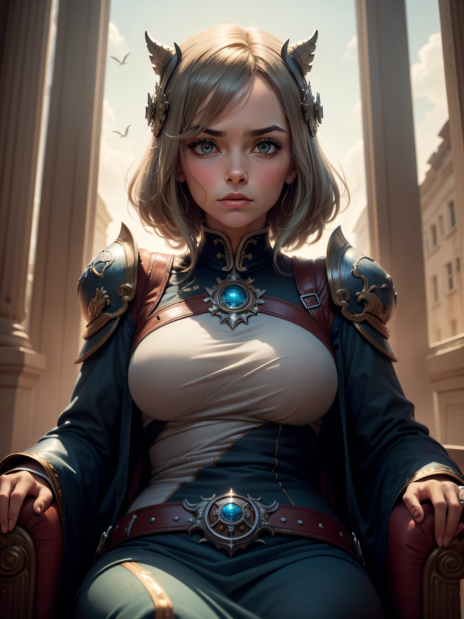 ((menina 45 anos)), cabelo de cor vermelho, (rosto perfeito), de seios grandes, Scenery of a ruin with slightly high twilight light, usando uma armadura preto, mysterious expression on the face, sentada em seu trono, with a dragon behind the throne, (ultra detalhado: 1.3), (autadefinição: 1,6)