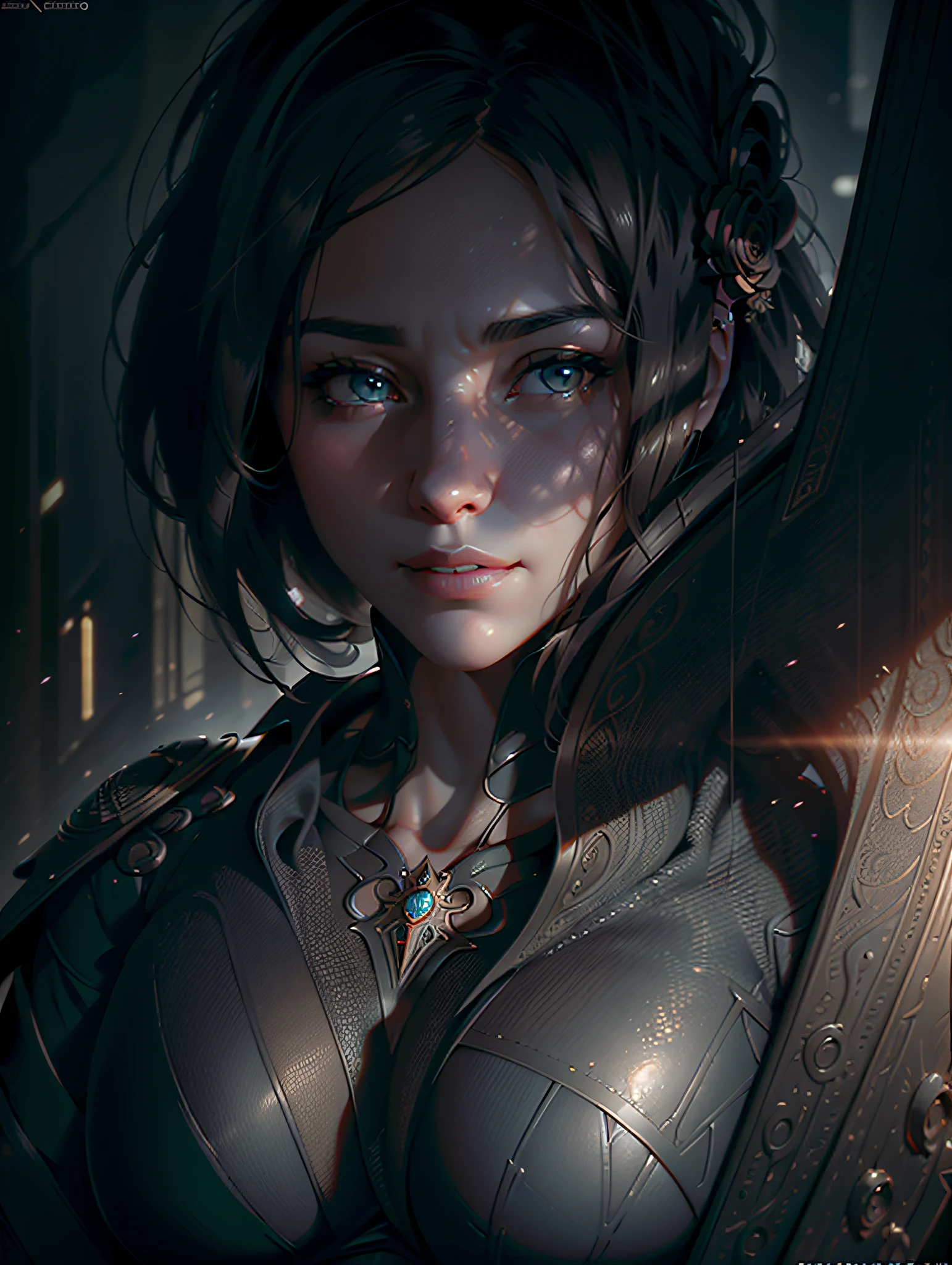 ((menina 45 anos)), cabelo de cor vermelho, (rosto perfeito), de seios grandes, Scenery of a ruin with slightly high twilight light, usando uma armadura preto, mysterious expression on the face, sentada em seu trono, with a dragon behind the throne, (ultra detalhado: 1.3), (autadefinição: 1,6)
