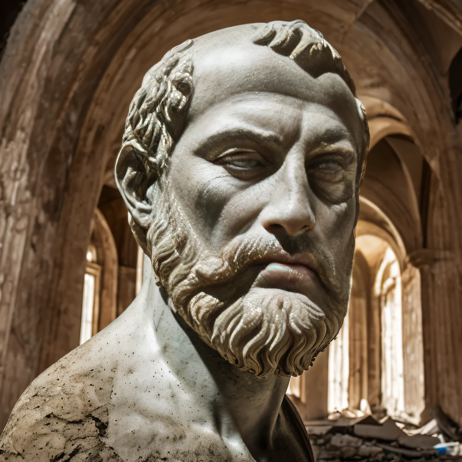 marble sculpture of the face of a Greek god ((bearded and bald)) in a destroyed place, cinematography, epic light and shadow, lots of contrast, professional photography