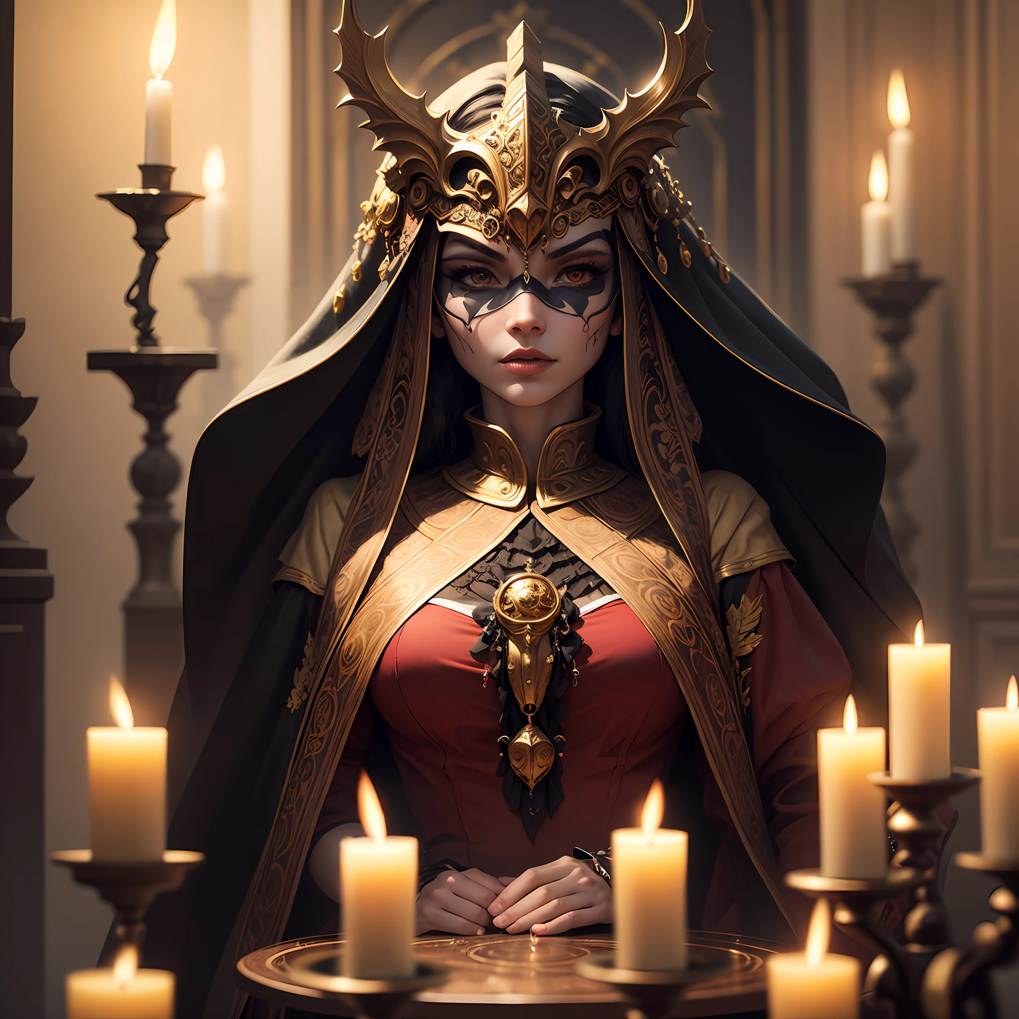 (best quality,masterpeace),wide shot,
A grand hall, dripping with Gothic opulence and draped in silk banners bearing ancient sigils, intricately carved masks, adorned with glistening black jewels, sinister elegance, blood-red velvet, flickering candlelight
,(perfect composition, best exposition, golden ratio)
, muted color, dramatic,cinematic lighting, trending on artstation,trending on CGSociety,immense detail, --auto