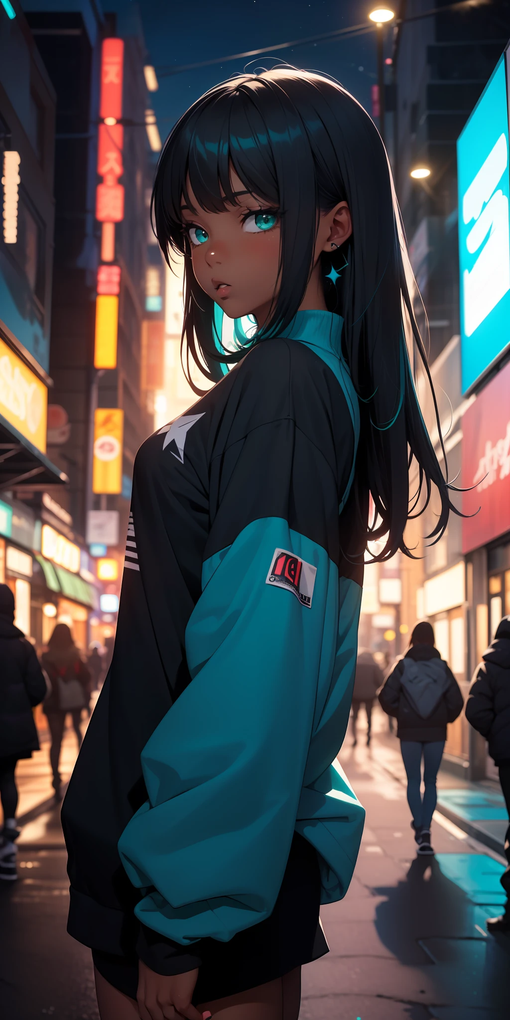 (masterpiece:1.4), 1girl, urban mage, Streetwear, street, (masterpiece, best quality, highres, ultra detailed ), night, depth of field, absurdres, (masterpiece:1.4), ultra-detailed, 1girl, dark-skinned, stand up, black and teal, long black wildly hair with green streaks, fluttering hair, surrounded by magi lights and stars