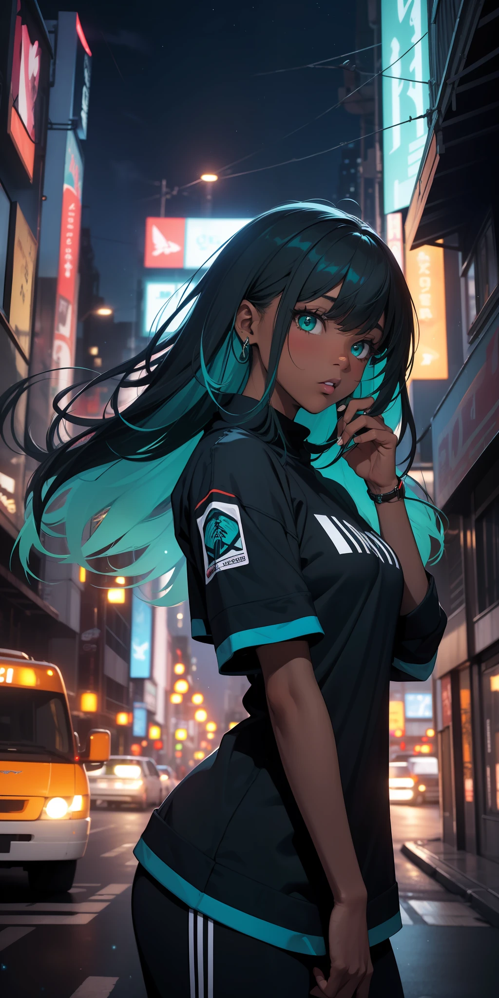 (masterpiece:1.4), 1girl, urban mage, Streetwear, street, (masterpiece, best quality, highres, ultra detailed ), night, depth of field, absurdres, (masterpiece:1.4), ultra-detailed, 1girl, dark-skinned, stand up, black and teal, long black wildly hair with green streaks, fluttering hair, surrounded by magi lights and stars