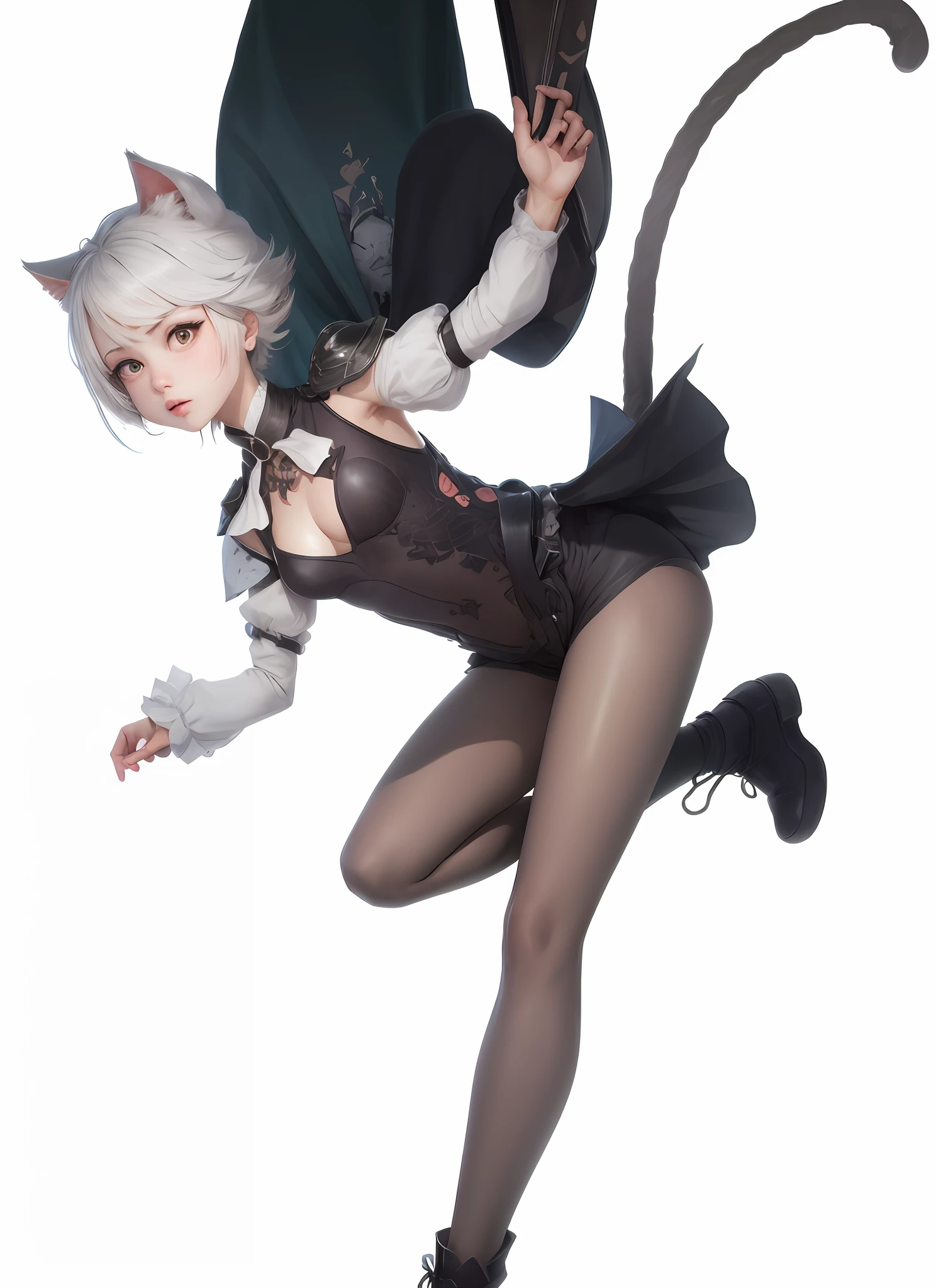 um close up de uma pessoa em um terno de gato com uma cauda de gato, de meninas da linha de frente, De Bravely Default II, detalhes finos. meninas da linha de frente, Impacto de Lynette Genshin, neferpitou, de arknights, menina gato atraente, Do videogame Genshin impact, menina do gato branco, 2b, garota gato, 2 b, gatinha