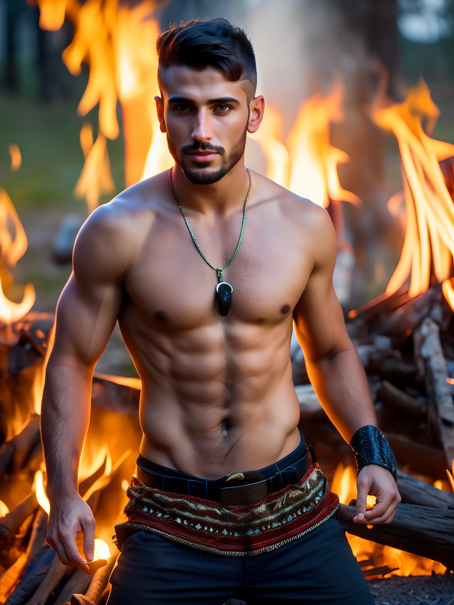 Portrait of a very handsome and strong young gypsy without clothes, standing in front of a campfire, close up, charming pose and attitude.