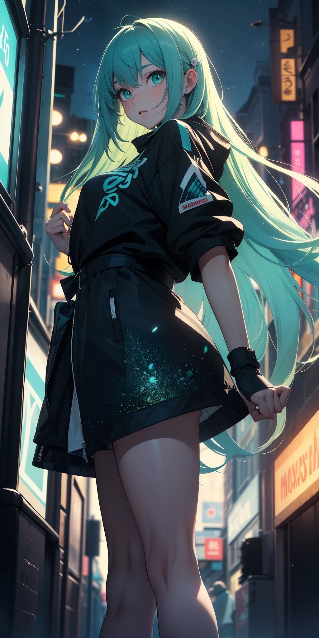 (masterpiece:1.4), 1girl, urban mage, Streetwear, street, (masterpiece, best quality, highres, ultra detailed ), night, depth of field, absurdres, (masterpiece:1.4), ultra-detailed, 1girl, stand up, black and teal, long blonde wildly hair with green streaks, fluttering hair, surrounded by magic lights and stars
