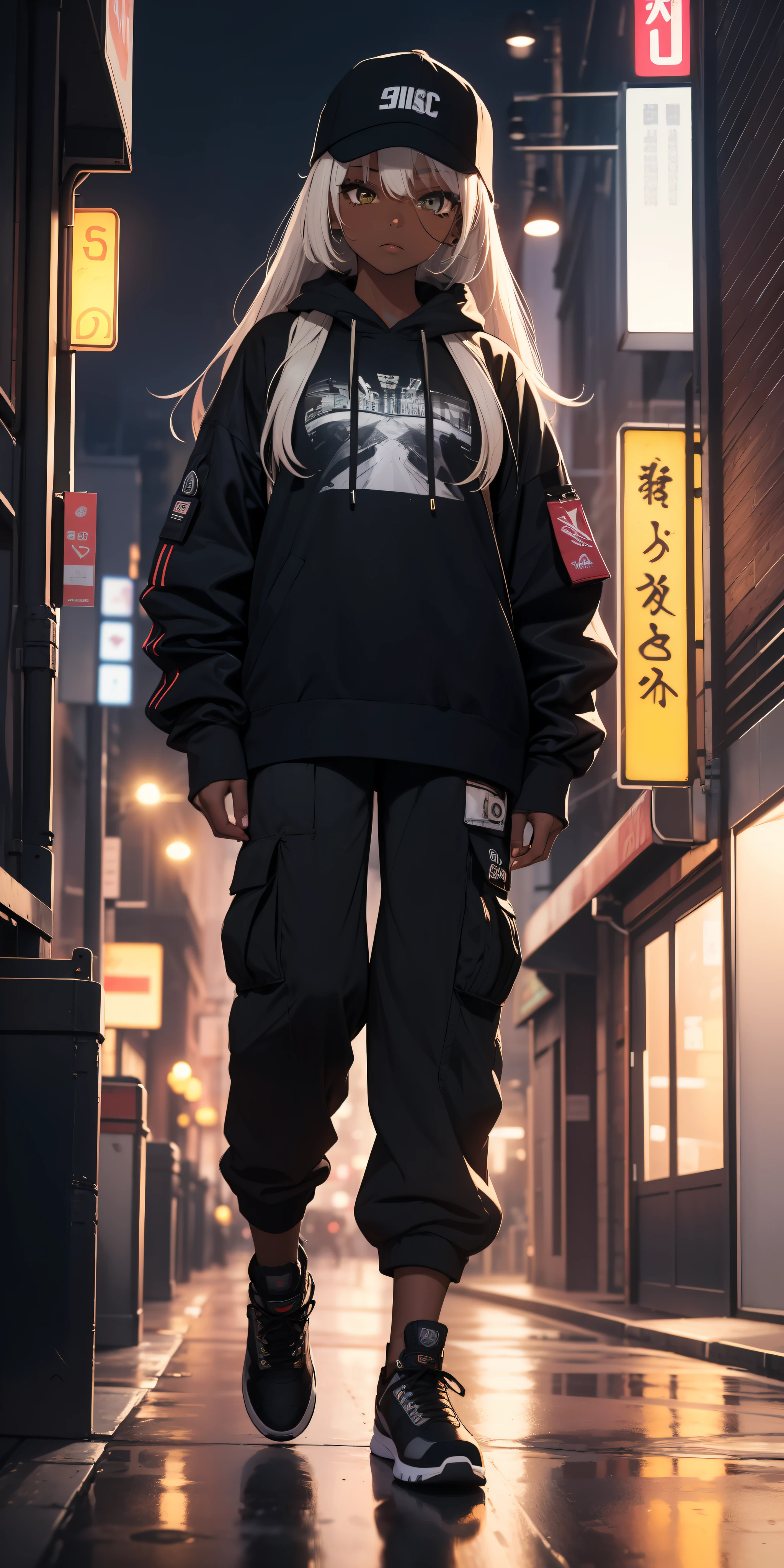 (masterpiece:1.4), 1girl, Streetwear,cargo pants, street, (masterpiece, best quality, highres, ultra detailed ), night, depth of field, absurdres, (masterpiece:1.4), ultra-detailed, 1girl, dark-skinned, stand up, black and yellow, long black wildly hair with white streaks