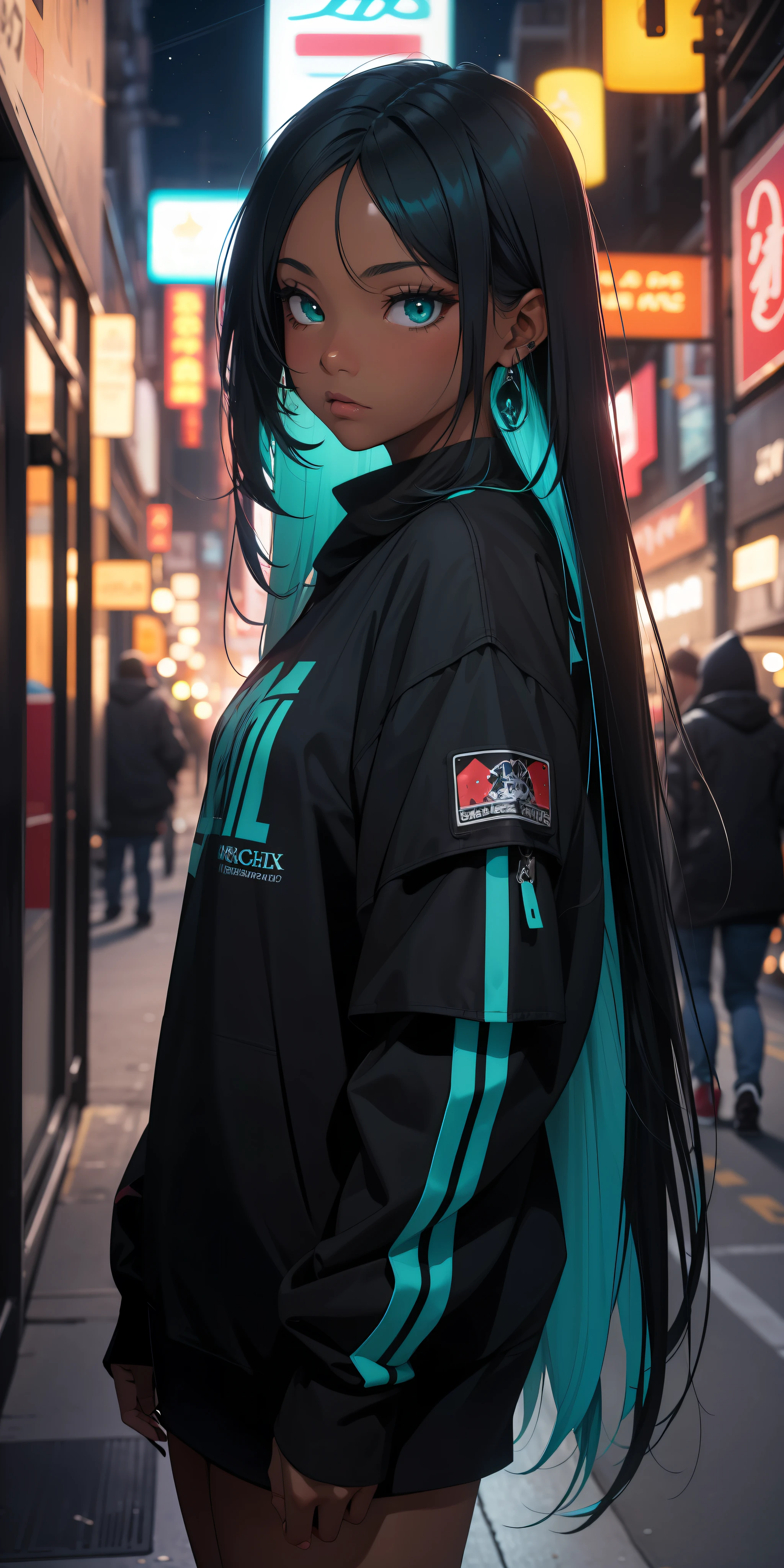 (masterpiece:1.4), 1girl, urban mage, Streetwear, street, (masterpiece, best quality, highres, ultra detailed ), night, depth of field, absurdres, (masterpiece:1.4), ultra-detailed, 1girl, dark-skinned, stand up, black and teal, long black wildly hair with green streaks, fluttering hair, surrounded by magi lights and stars