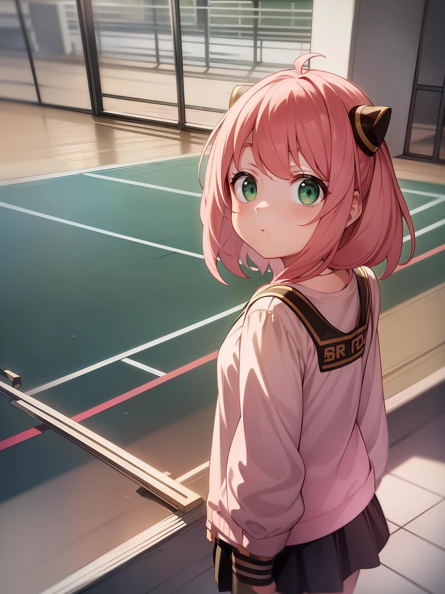 Anya Forger, (small stature:1.3), 2 black cones in hair, pink hair, green eyes, sports court, view from above