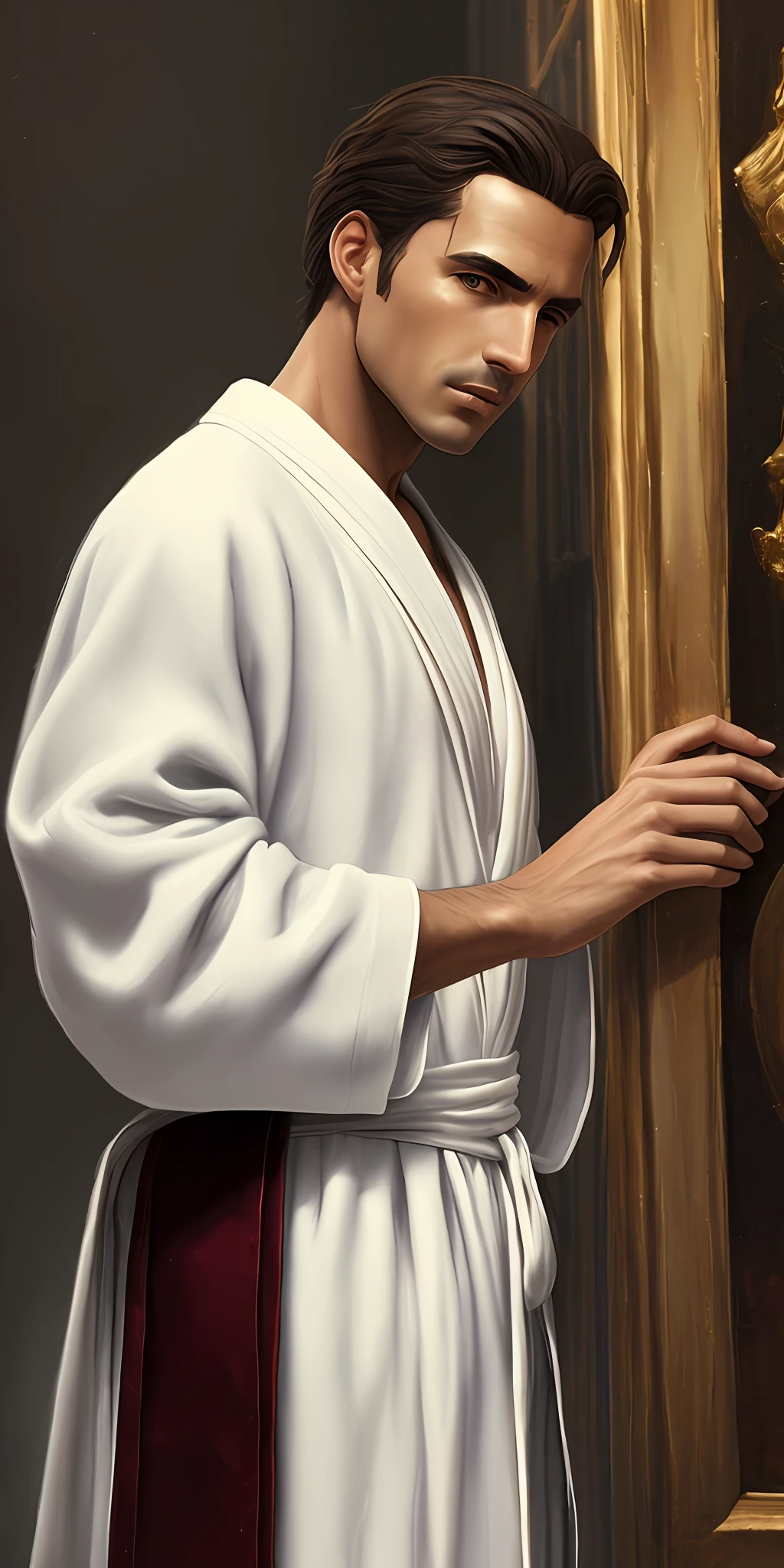 a close up of a painting of a man in a white robe, Foto de perfil, Imagen absolutamente excepcional, beautiful depiction, picture of a male cleric, ultra alta calidad,8k