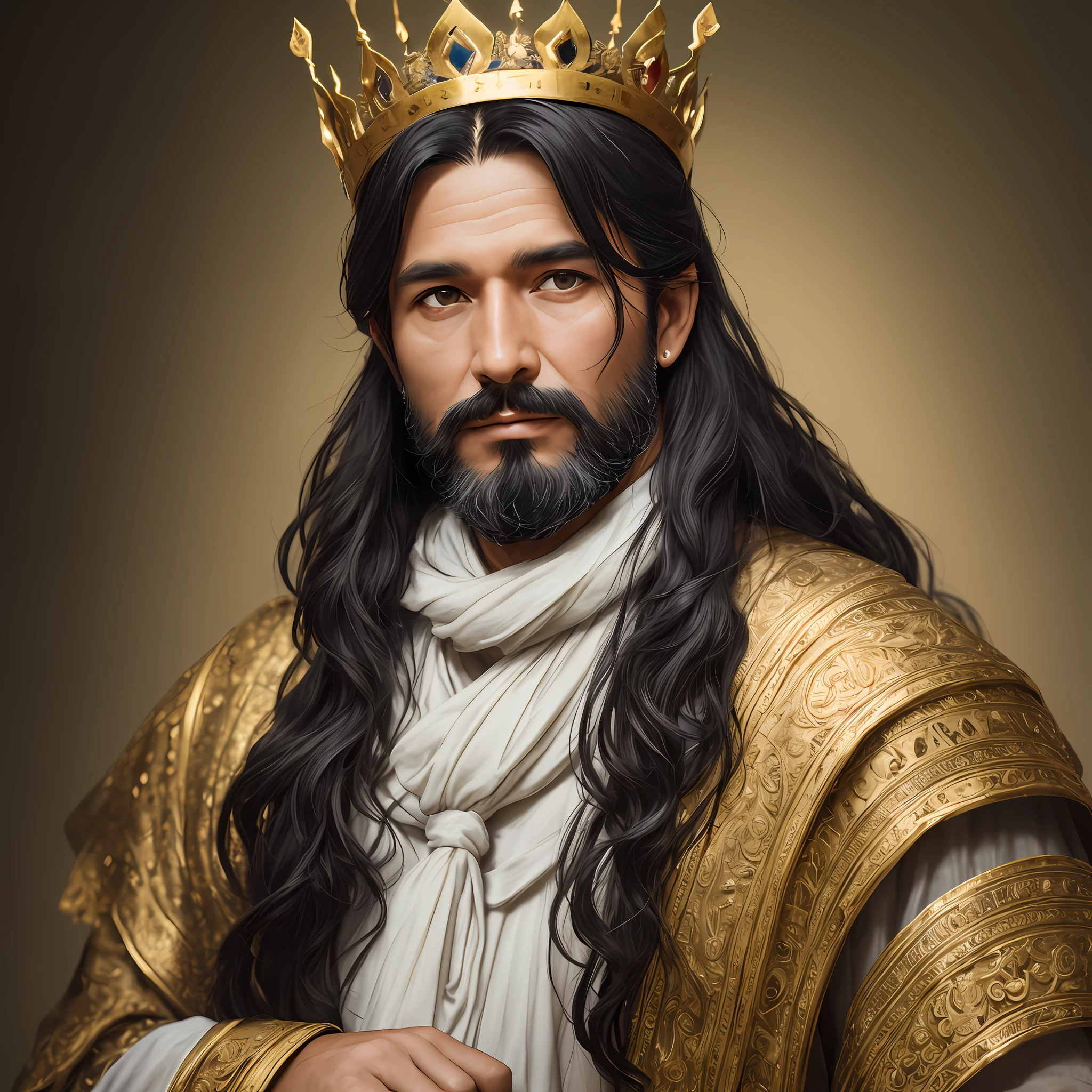 RAW photo, portrait of King Solomon, 40 year old man with a beard and long black hair, wearing the clothes of a King, (very detailed clothing), wearing a golden crown with red jewels, (very detailed crown), pale skin, slim body, (ancient temples background) (highly detailed skin: 1.2), 32k uhd, DSLR, soft lighting, high quality, film grain, Fujifilm XT3 --auto --s2