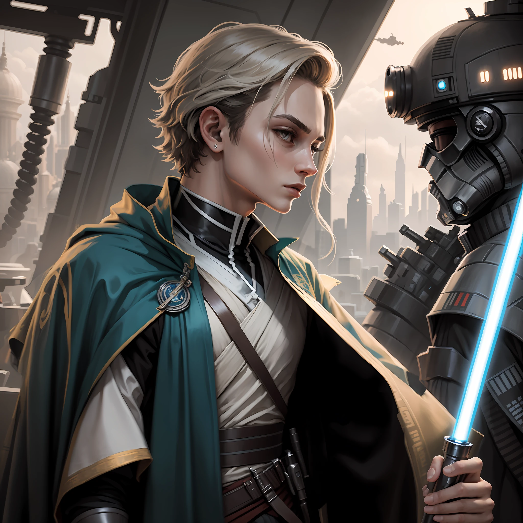 traje jedi futurista com efeitos de raios