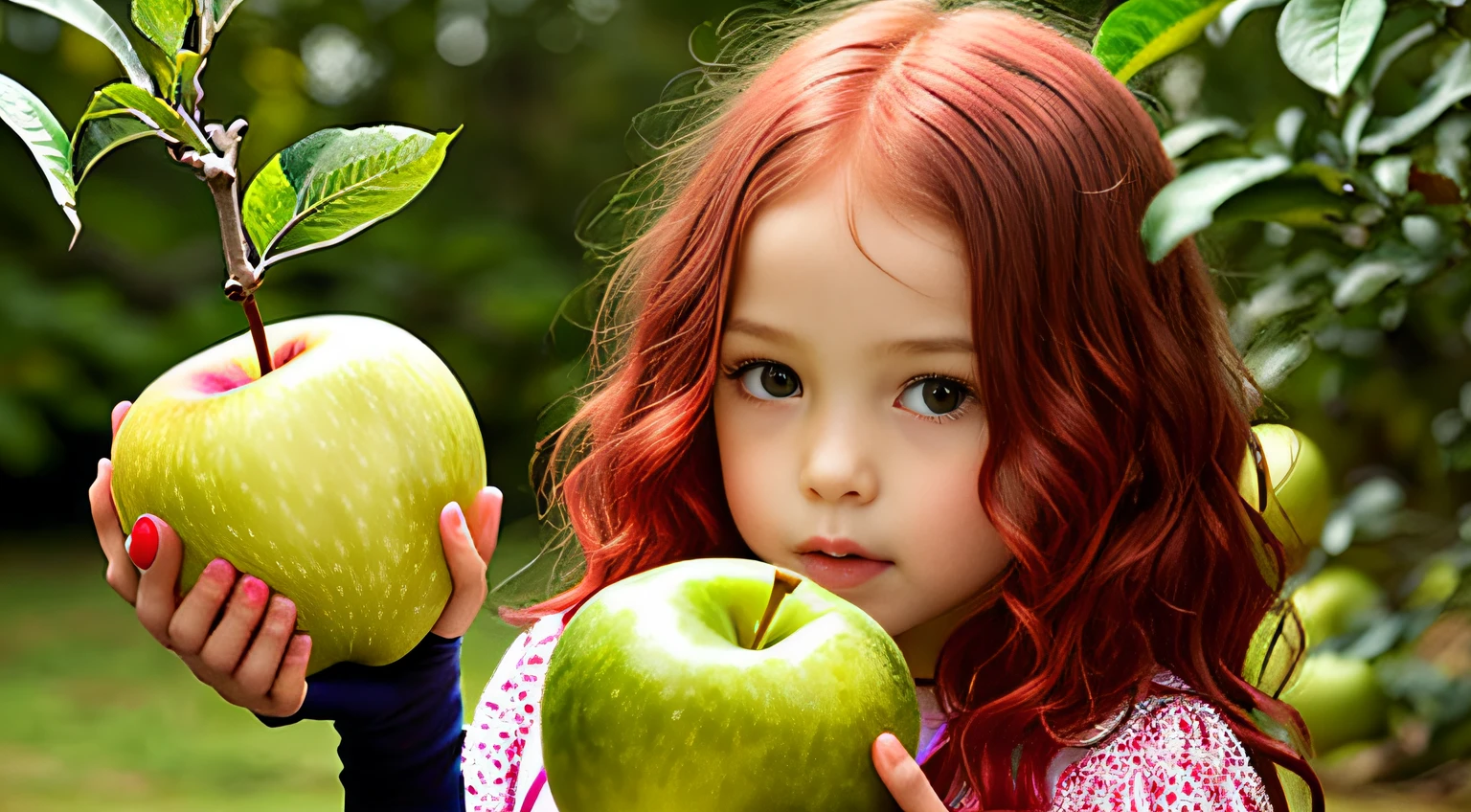girl CHILD RED HAIR OF STRUTS, HOLDING TWO GREEN APPLES IN FRONT OF HER FACE, HOLDING AN APPLE, EATING ROTTEN FRUIT, A HOLDING APPLE IN HAND, GREEN APPLES, HOLDING MARACAS, WITH APPLE, SLIME, APPLES, SHE IS GUIDING A PEACH, SENTIENT FRUIT, GREEN SLIME, HOLDING EASTER EGGS, PROMO STILL, 3 4 5 3 1, photoshoot