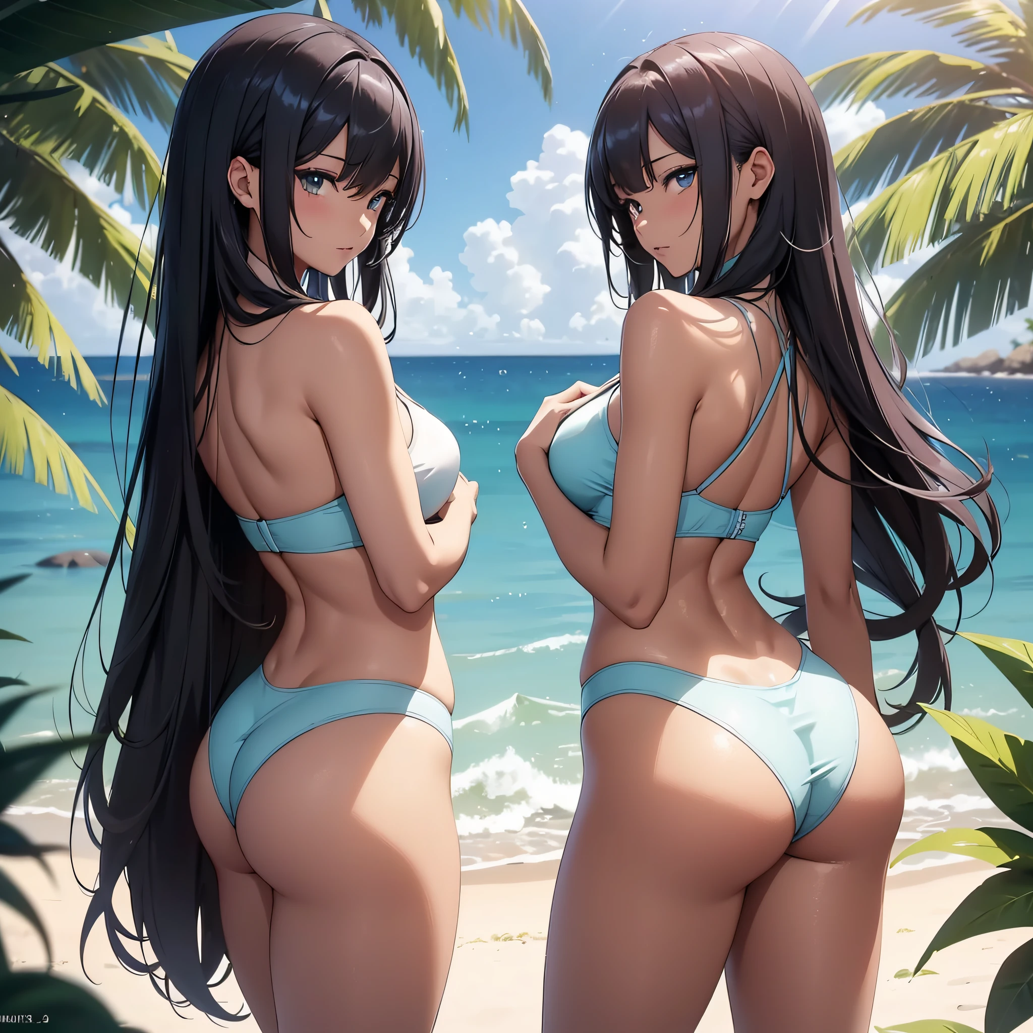 A pretty tanned girl is wearing a crop top, (seen from the back). Her long, loose hair falls over her shoulders. With her legs spread, ((her big ass stands out)). The image enhances her sensuality and femininity. The surrounding environment is a paradisiacal beach, with white sand and crystal blue sea. The atmosphere is relaxed and sunny, conveying an atmosphere of freedom and sensuality. The photography is executed in an anime style, with a telephoto lens to capture the natural beauty of the scene, with soft lines. Perfect quality, clear focus (clutter - home: 0.8), (masterpiece: 1.2) (cartoon 1.2) (bokeh) (best quality) (detailed skin: 1.3) (intricate details) (8K) (detail eyes) (sharp focus), (seductive) --air 16:9 --v 5 --niji.