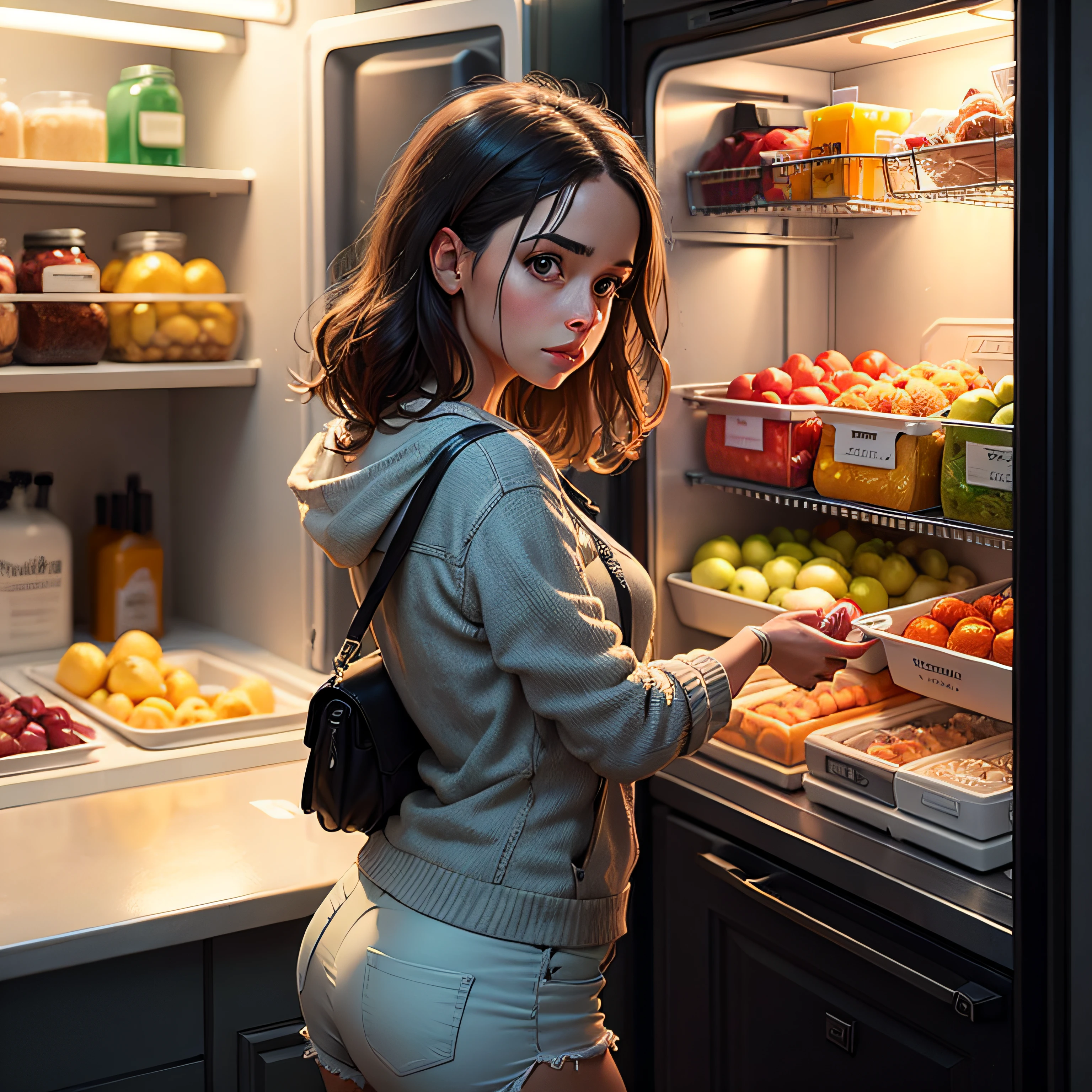 Hyperrealistischer Stil, Meisterwerk, Best Quality, 8k, ArtStation, scharfer Fokus, ultrarealistisch, The Spanish girl is looking for something in the open refrigerator --auto