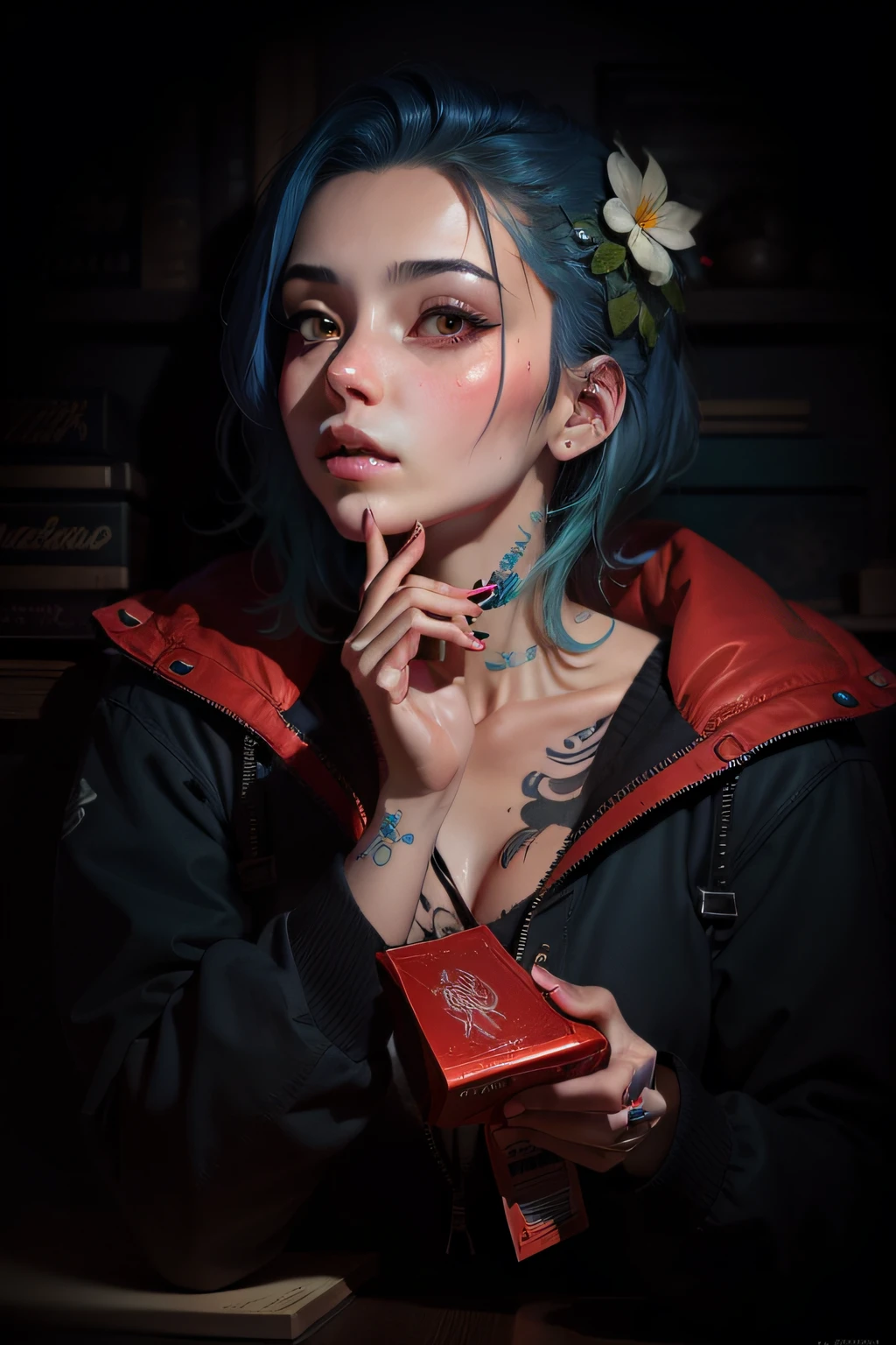 Ultra-high definition 2D art, close-up (1 woman), light blue hair, 2D animation style, soft and delicate depiction, attention also on her full-body tattoos (full-body art), landscape mode, masterpieces by Guweiz and James Jean, tattoo expert designs by CGSCOSITY, etc. A beautiful blue-haired girl who became a hot topic at the trend art station of Japan. --auto