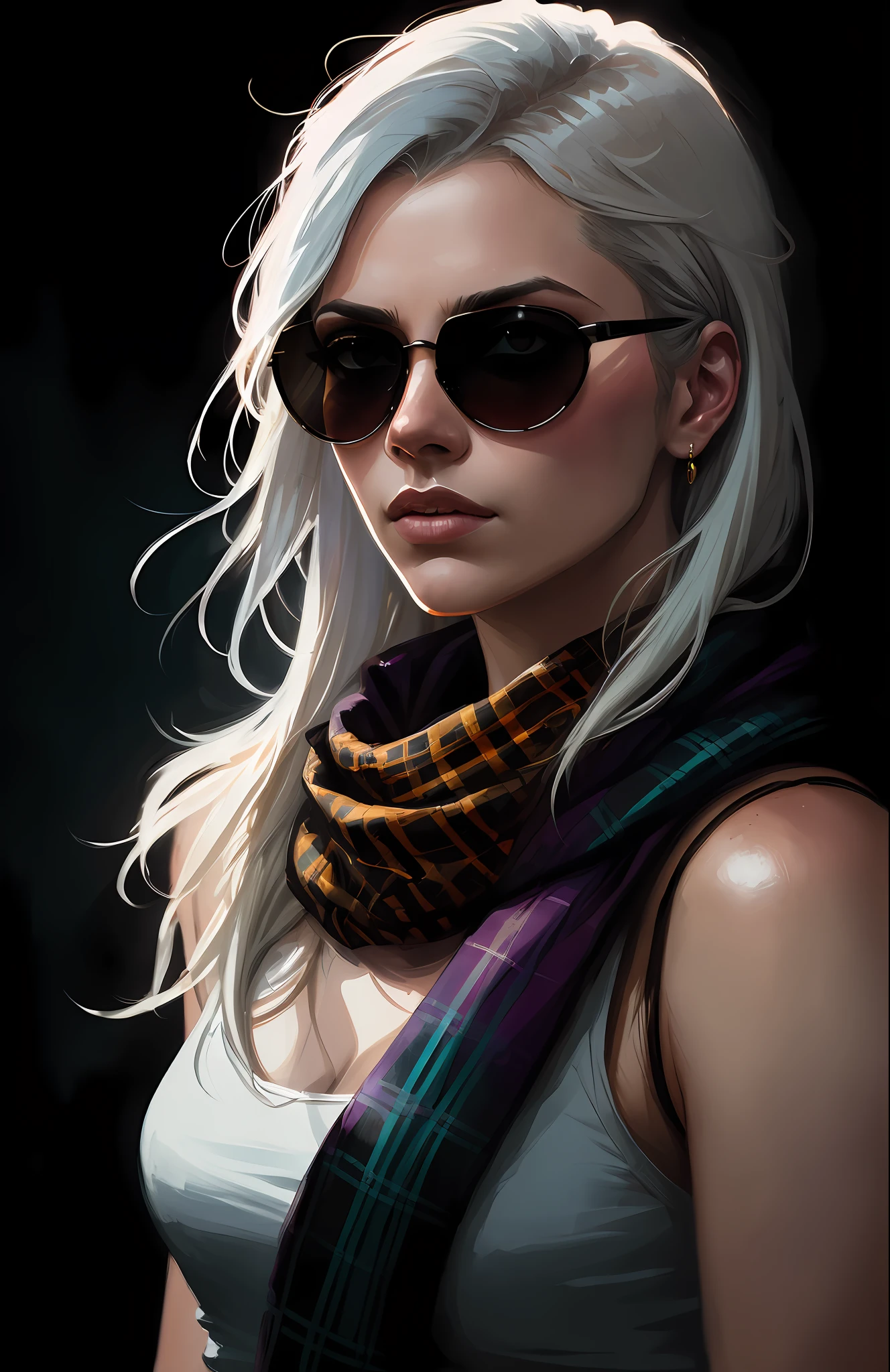 (dark shot:1.1), epic realistic, portrait of halo, sunglasses, blue eyes, tartan scarf, white hair by atey ghailan, by greg rutkowski, by greg tocchini, by james gilleard, by joe fenton, by kaethe butcher, gradient yellow, black, brown and magenta color scheme, grunge aesthetic!!! graffiti tag wall background, art by greg rutkowski and artgerm, soft cinematic light, adobe lightroom, photolab, hdr, intricate, highly detailed, (depth of field:1.4), faded, (neutral colors:1.2), (hdr:1.4), (muted colors:1.2), hyperdetailed, (artstation:1.4), cinematic, warm lights, dramatic light, (intricate details:1.1), complex background, (rutkowski:0.66), (teal and orange:0.4)