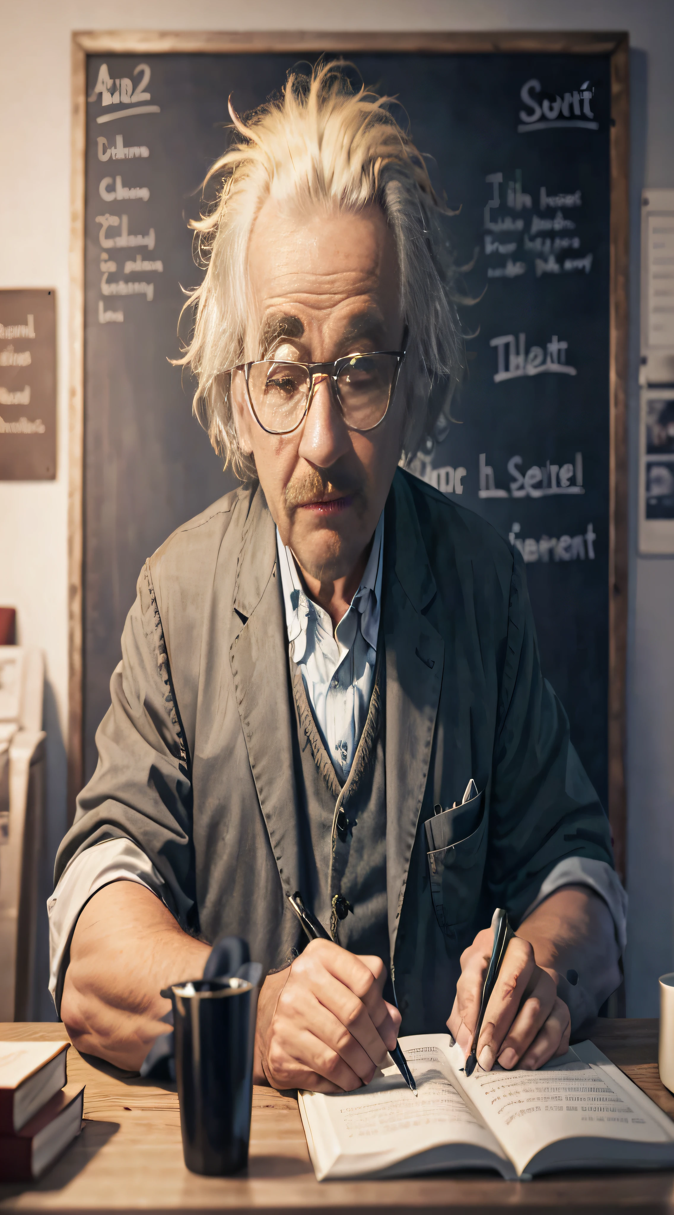 Homem de terno sentado em uma mesa escrevendo em um livro, Retrato de Albert Einstein, Retrato de Einstein, albert einstein, genie, Einstein, homem inteligente, genius composition, foto de retrato, Direction: Scott M. Fischer, O melhor no Adobe Stock, photo render, Direction: Hristofor Zhefarovich, professor calculus, Direction: Aleksander Gierymski, 8k, 1080px1920p