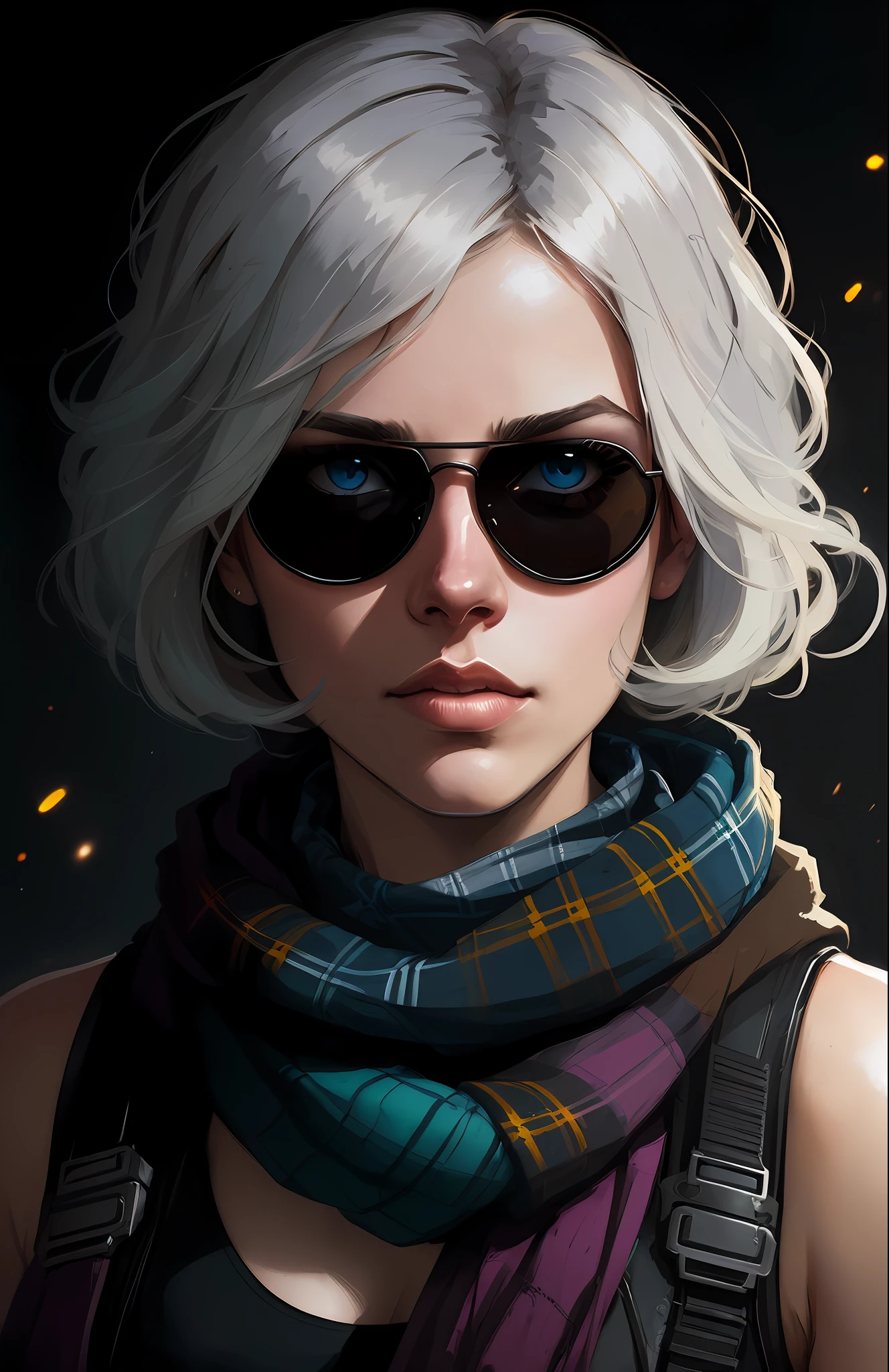 (dark shot:1.1), epic realistic, portrait of halo, sunglasses, blue eyes, tartan scarf, white hair by atey ghailan, by greg rutkowski, by greg tocchini, by james gilleard, by joe fenton, by kaethe butcher, gradient yellow, black, brown and magenta color scheme, grunge aesthetic!!! graffiti tag wall background, art by greg rutkowski and artgerm, soft cinematic light, adobe lightroom, photolab, hdr, intricate, highly detailed, (depth of field:1.4), faded, (neutral colors:1.2), (hdr:1.4), (muted colors:1.2), hyperdetailed, (artstation:1.4), cinematic, warm lights, dramatic light, (intricate details:1.1), complex background, (rutkowski:0.66), (teal and orange:0.4)