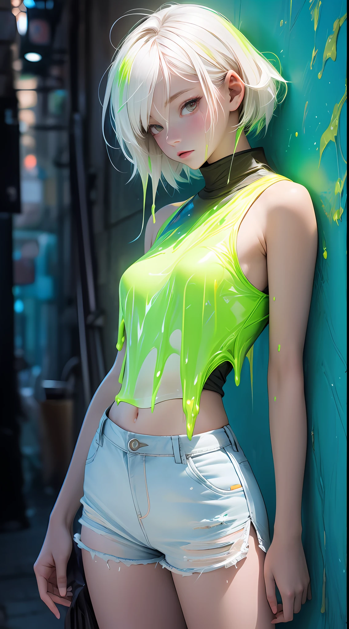 (Paint splashes),colorful color of the glow,lamplight,rainbow,cyber punk,the girl,Look at the camera,Slime Girl,Flowing tank top shorts,Against the wall,big round eyes,Cutes,