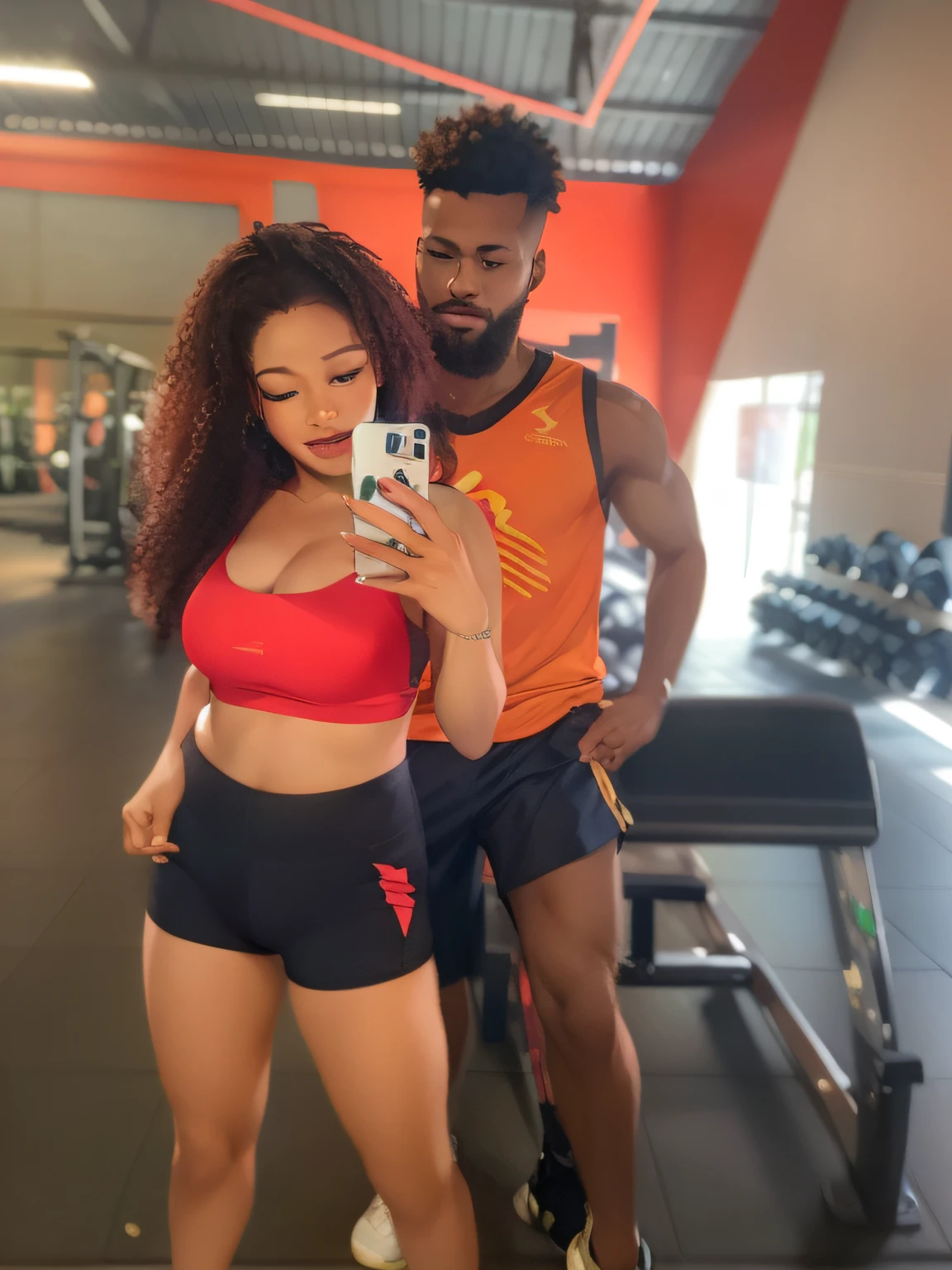 there is a man and a woman taking a selfie in a gym, malhar, imagem de perfil, sport bra and shorts, bra and shorts streetwear, 😭🤮 💔, Photo adjustment, two piece workout clothes, fit curvy physique, em uma academia, casal,, wearing red shorts, coxas grossa, , cropped vermelho |, casal afro pele negra pele escura, cabelo afro, ela com cabelo vermelho, bodybuilding gym background