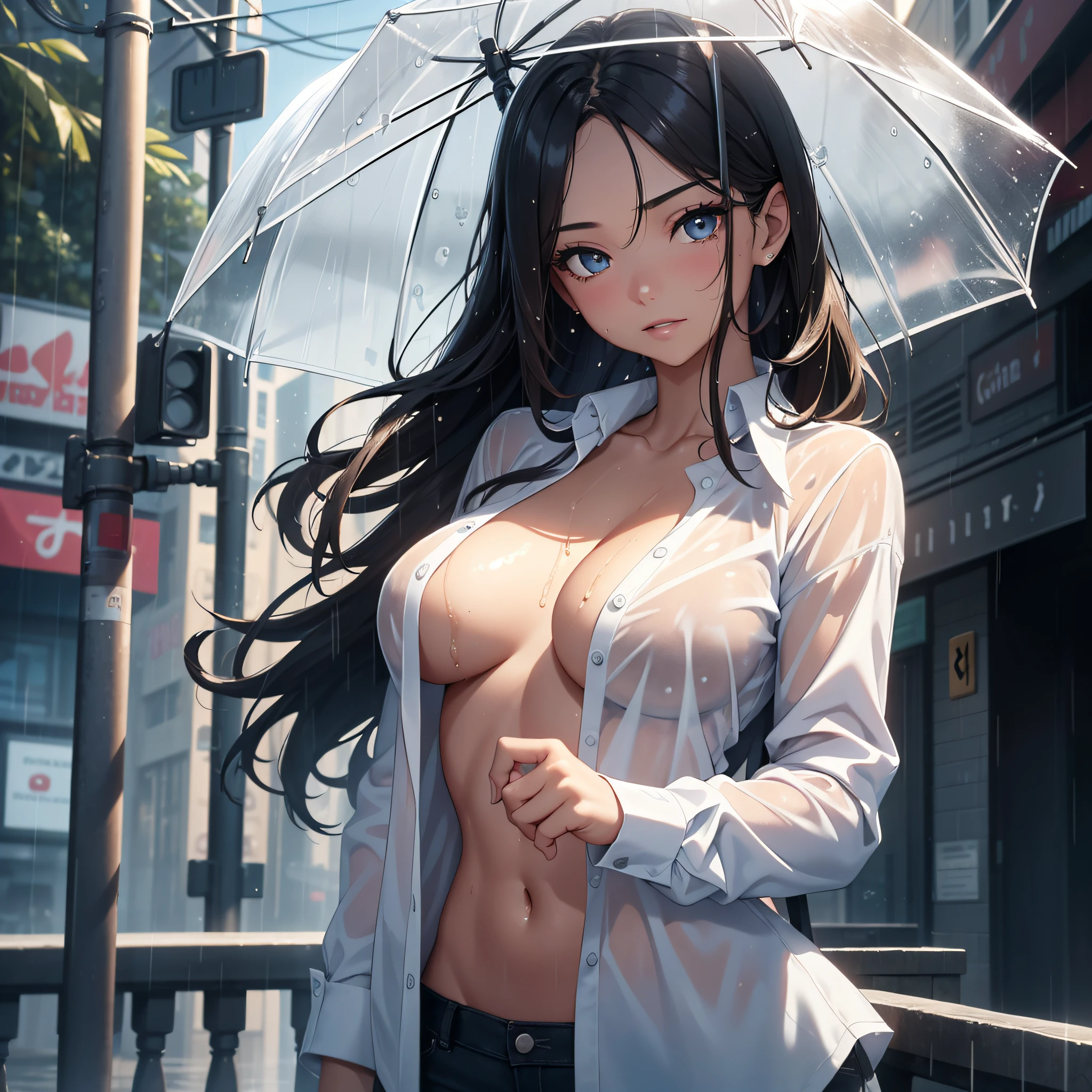 ((Best quality, 8k, Masterpiece: 1.3)), Sharp focus: 1.2, A beautiful woman with perfect body: 1.4, Slim abdomen: 1.2, ((Layered haircut, Large breasts: 1.2)), (no bra) (Small and beautiful hard nipple) (Thin and damp button up to shirt length: 1.1), (White shirt wet by rain), (Rain, Street: 1.2), Wet body: 1.1, Highly detailed face and skin texture, Detailed eyes, Double eyelid, tanned skin, sexy, tan, in heaven