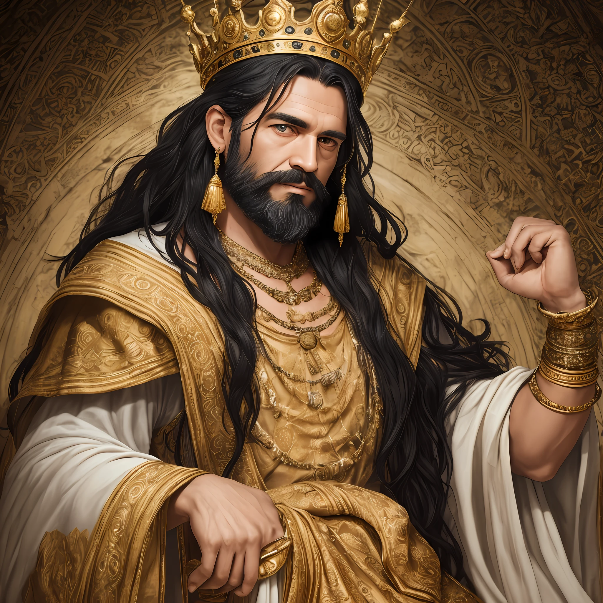 RAW photo, portrait of King Solomon, 40 year old man with a beard and long black hair, wearing the clothes of a King, (very detailed clothing), wearing a golden crown with red jewels, (very detailed crown), pale skin, slim body, (ancient temples background) (highly detailed skin: 1.2), 32k uhd, DSLR, soft lighting, high quality, film grain, Fujifilm XT3 --auto --s2