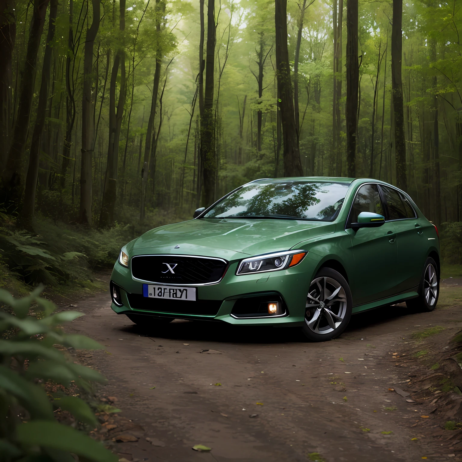 Carro verde estacionado em uma estrada de terra em uma floresta, verde floresta, fotografia comercial do carro, xf iq 4, xf iq4, scenic full shot, um tiro largo e cheio, em floresta verde, em frente a um fundo de floresta, jade verde, vehicle photography, luxo, fotografia automotiva, ultra realista", ultra realista ", Foto de perfil frontal, green head