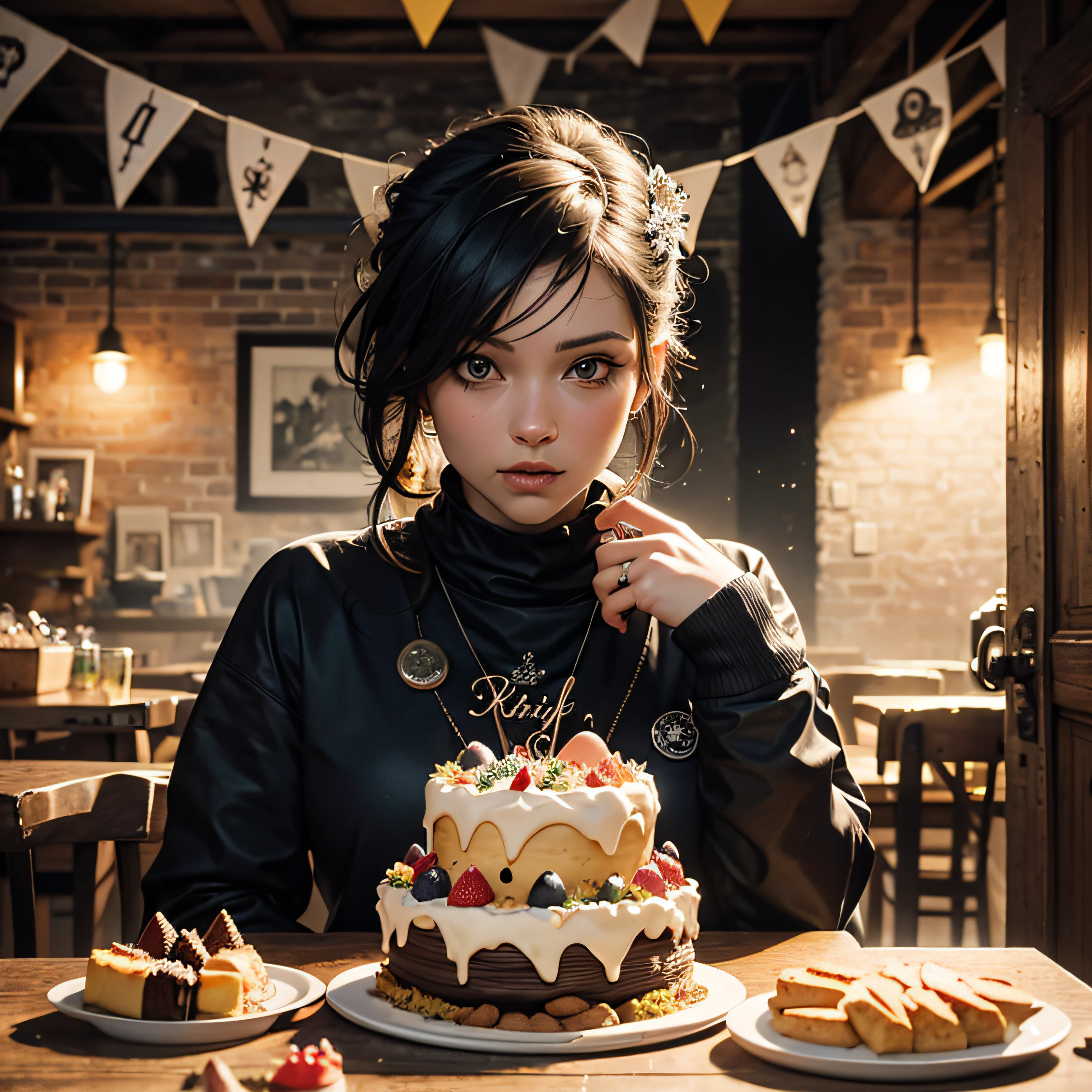 Hyperrealistischer Stil, Meisterwerk, Best Quality, 8k, ArtStation, scharfer Fokus, ultrarealistisch, hohe Details, gelangweilte Katzen mit einem Party-Hut sitzt neben einer riesigen bunten Geburtstagstorte und schauen darauf --auto