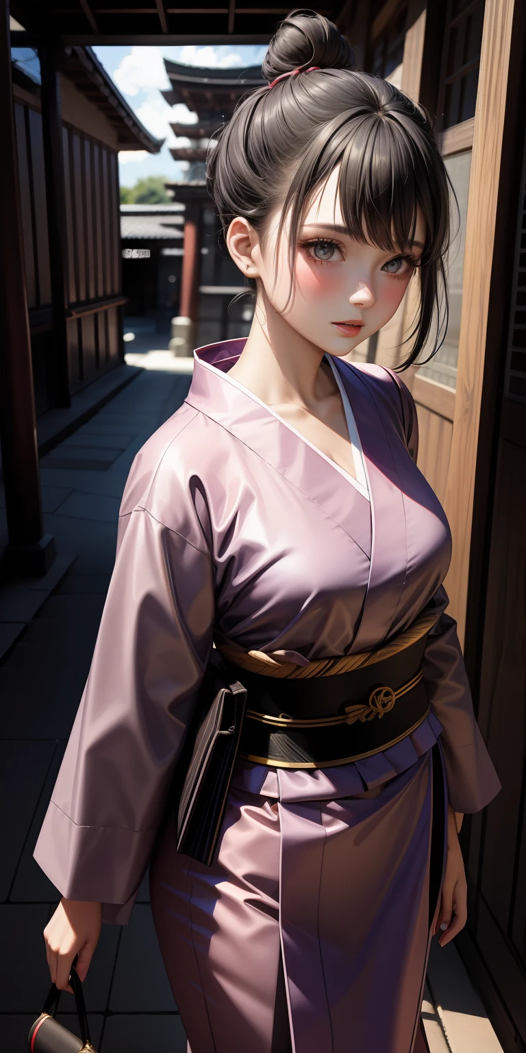 realista, 1girl, cabelo preto, olhos vermelhos, olhos brilhantes, top cropped, saia, lips half-open, blush, noite, sol, luz solar, kimono, tons claros