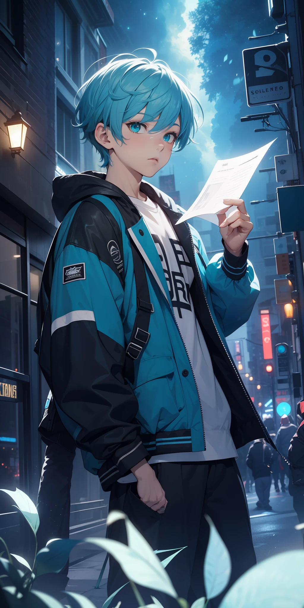 (masterpiece:1.4), 1boy, urban sorcerer, Streetwear, street, (masterpiece, best quality, highres, ultra detailed ), night, depth of field, absurdres, (masterpiece:1.4), ultra-detailed, 1boy, stand up, white and teal, short white wildly hair with dark streaks, fluttering hair, surrounded by magic lights and stars