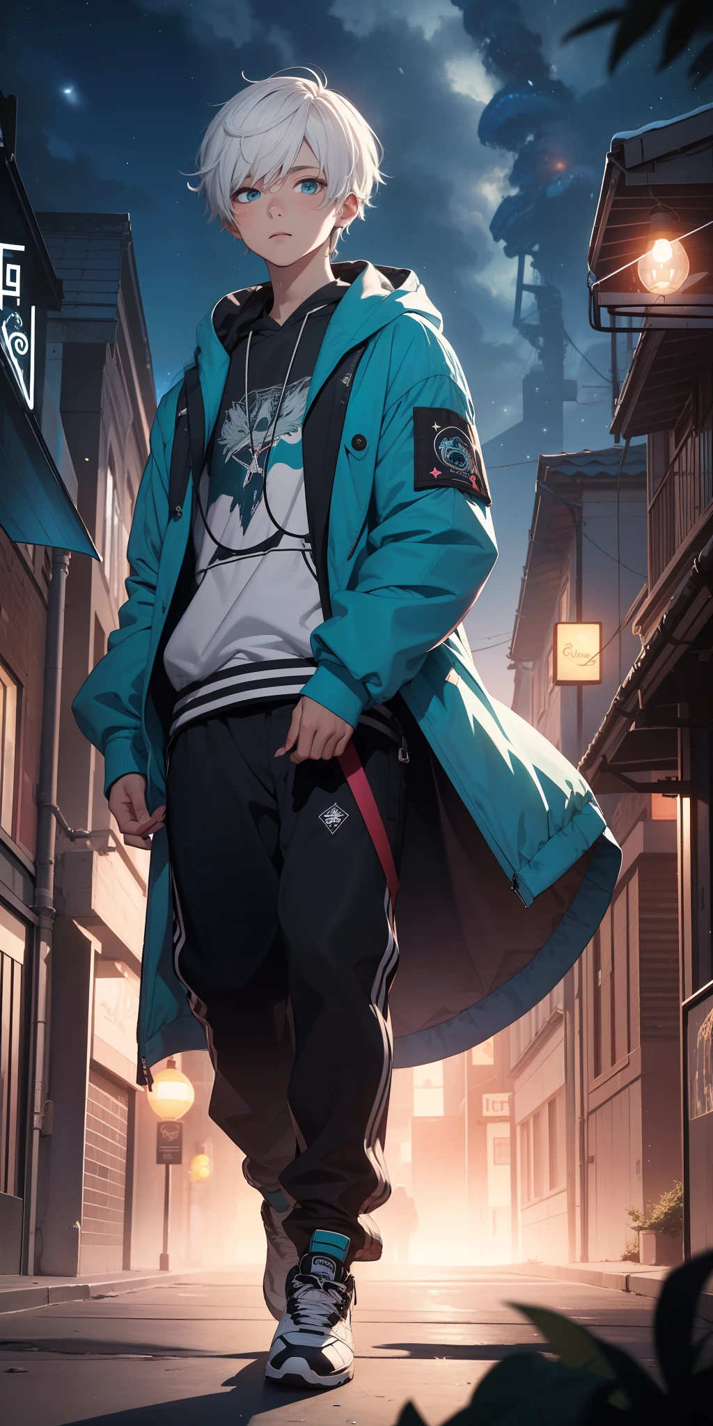 (masterpiece:1.4), 1boy, urban sorcerer, Streetwear, street, (masterpiece, best quality, highres, ultra detailed ), night, depth of field, absurdres, (masterpiece:1.4), ultra-detailed, 1boy, stand up, white and teal, short white wildly hair with dark streaks, fluttering hair, surrounded by magic lights and stars