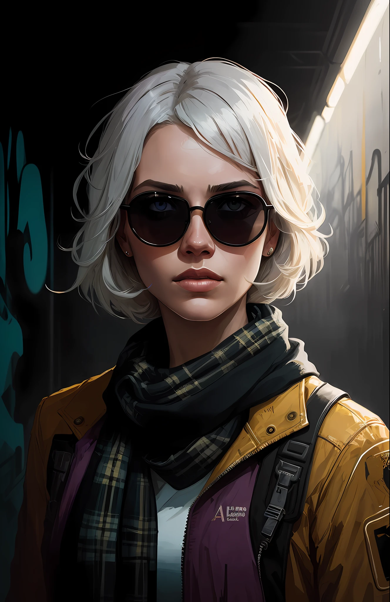 (dark shot:1.1), epic realistic, portrait of halo, sunglasses, blue eyes, tartan scarf, white hair by atey ghailan, by greg rutkowski, by greg tocchini, by james gilleard, by joe fenton, by kaethe butcher, gradient yellow, black, brown and magenta color scheme, grunge aesthetic!!! graffiti tag wall background, art by greg rutkowski and artgerm, soft cinematic light, adobe lightroom, photolab, hdr, intricate, highly detailed, (depth of field:1.4), faded, (neutral colors:1.2), (hdr:1.4), (muted colors:1.2), hyperdetailed, (artstation:1.4), cinematic, warm lights, dramatic light, (intricate details:1.1), complex background, (rutkowski:0.66), (teal and orange:0.4)