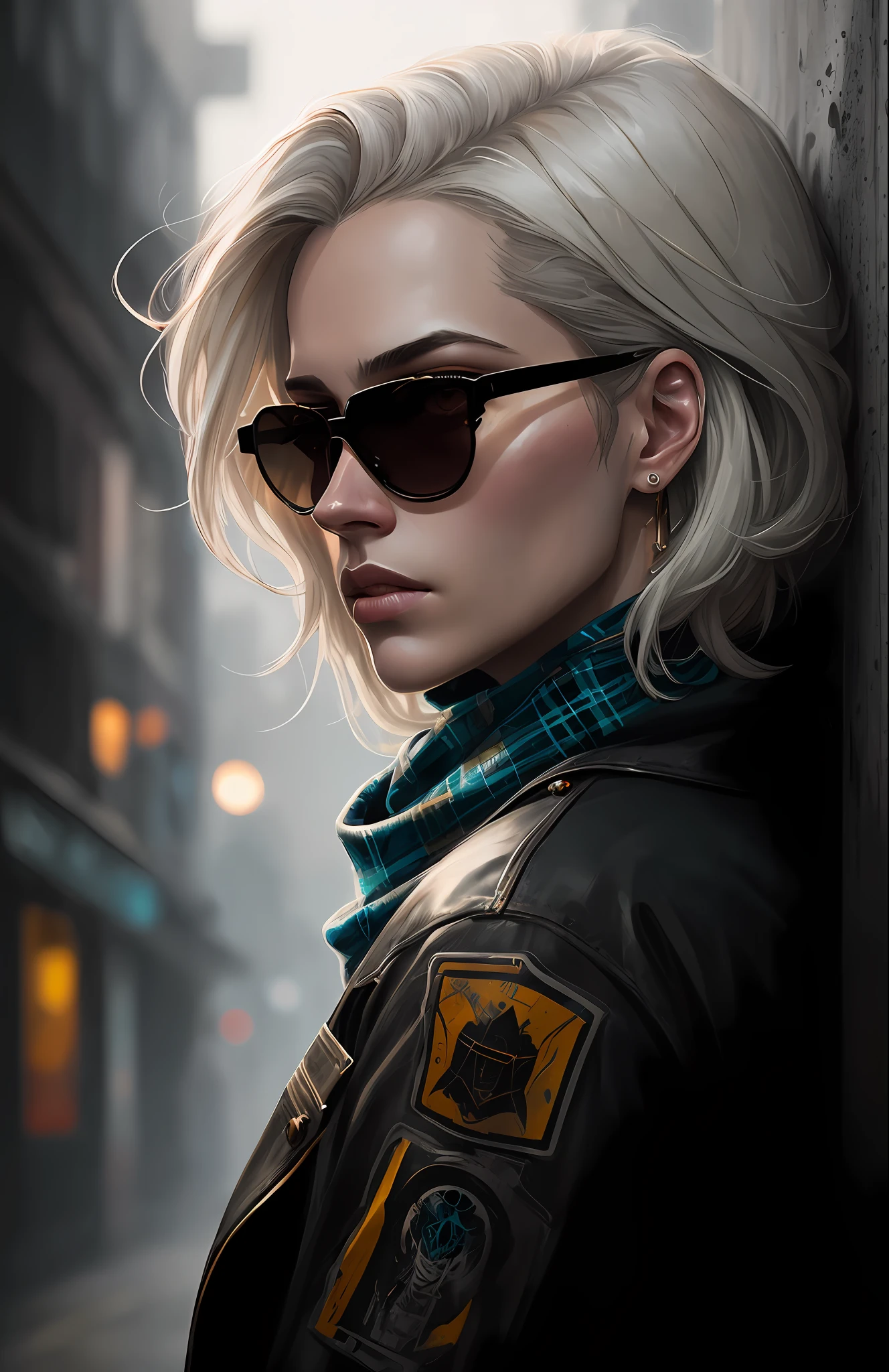 (dark shot:1.1), epic realistic, portrait of halo, sunglasses, blue eyes, tartan scarf, white hair by atey ghailan, by greg rutkowski, by greg tocchini, by james gilleard, by joe fenton, by kaethe butcher, gradient yellow, black, brown and magenta color scheme, grunge aesthetic!!! graffiti tag wall background, art by greg rutkowski and artgerm, soft cinematic light, adobe lightroom, photolab, hdr, intricate, highly detailed, (depth of field:1.4), faded, (neutral colors:1.2), (hdr:1.4), (muted colors:1.2), hyperdetailed, (artstation:1.4), cinematic, warm lights, dramatic light, (intricate details:1.1), complex background, (rutkowski:0.66), (teal and orange:0.4)