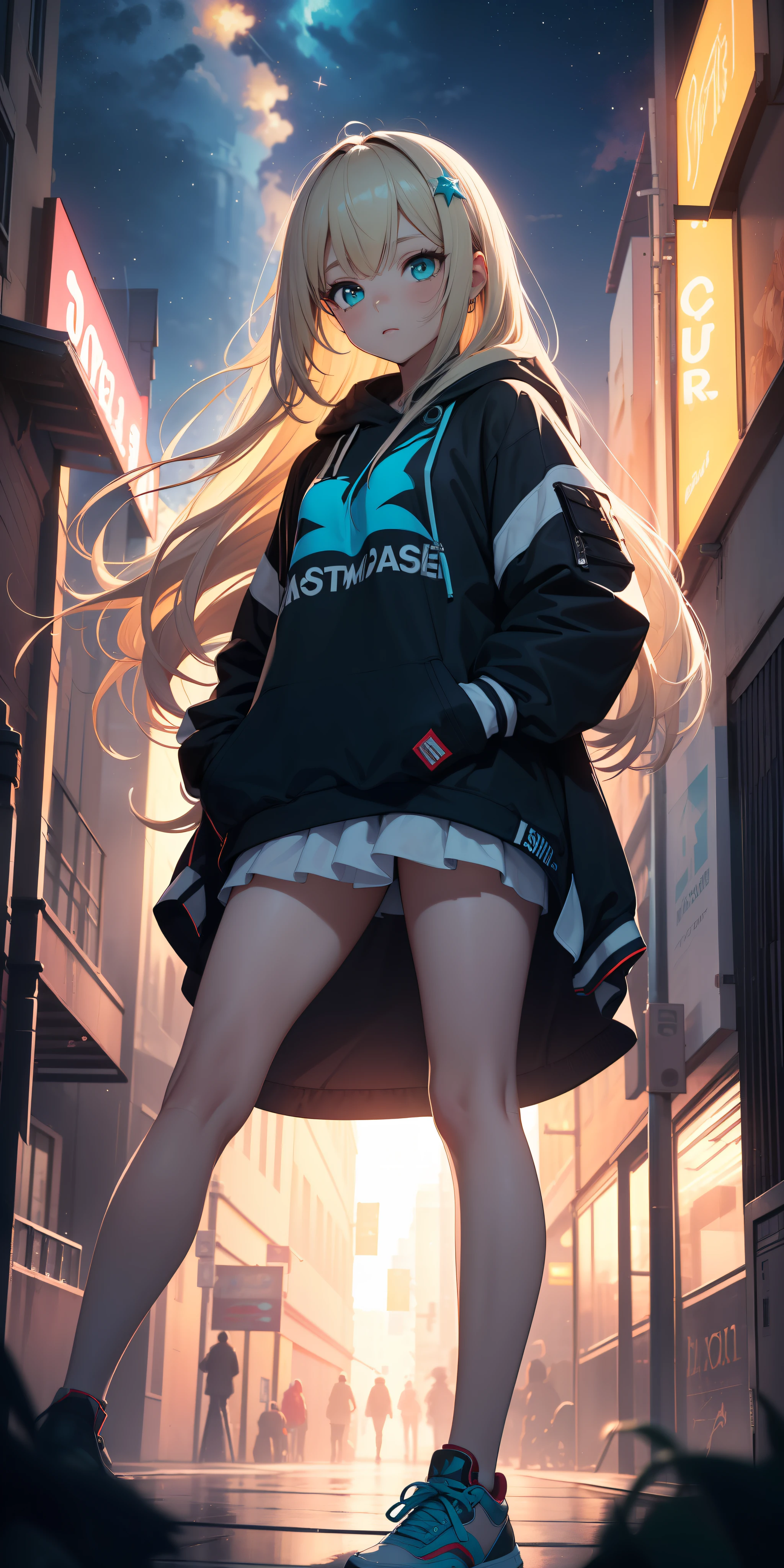 (masterpiece:1.4), 1girl, urban sorcerer, Streetwear, street, (masterpiece, best quality, highres, ultra detailed ), night, depth of field, absurdres, (masterpiece:1.4), ultra-detailed, 1girl, stand up, white and teal, long blonde wildly hair with dark streaks, fluttering hair, surrounded by magic lights and stars