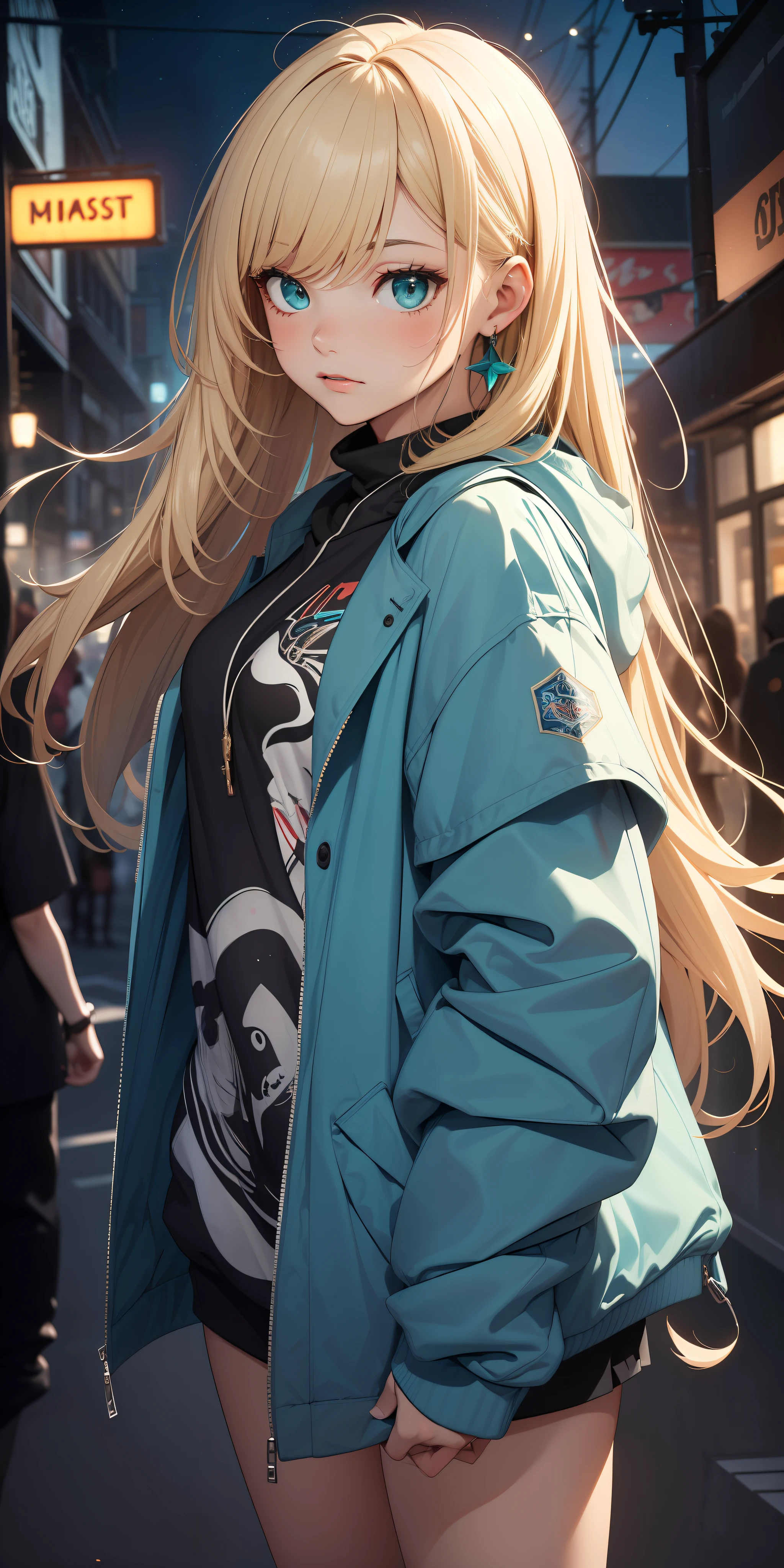 (masterpiece:1.4), 1girl, urban sorcerer, Streetwear, street, (masterpiece, best quality, highres, ultra detailed ), night, depth of field, absurdres, (masterpiece:1.4), ultra-detailed, 1girl, stand up, white and teal, long blonde wildly hair with dark streaks, fluttering hair, surrounded by magic lights and stars