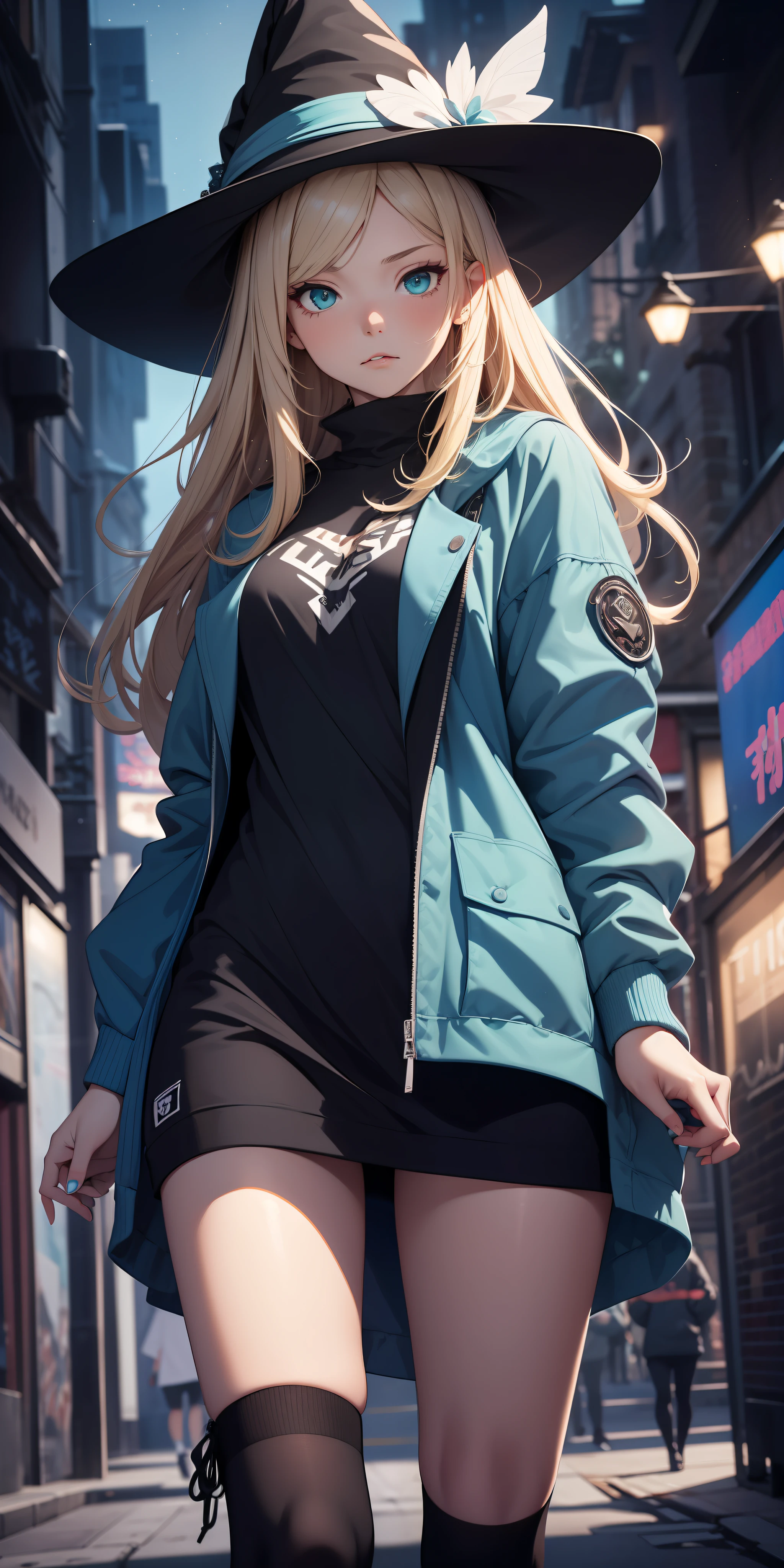 (masterpiece:1.4), 1girl, serious expression, urban witch, Streetwear, street, (masterpiece, best quality, highres, ultra detailed ), night, depth of field, absurdres, (masterpiece:1.4), ultra-detailed, 1girl, stand up, white and teal, long blonde wildly hair with dark streaks, fluttering hair, surrounded by magic lights and stars