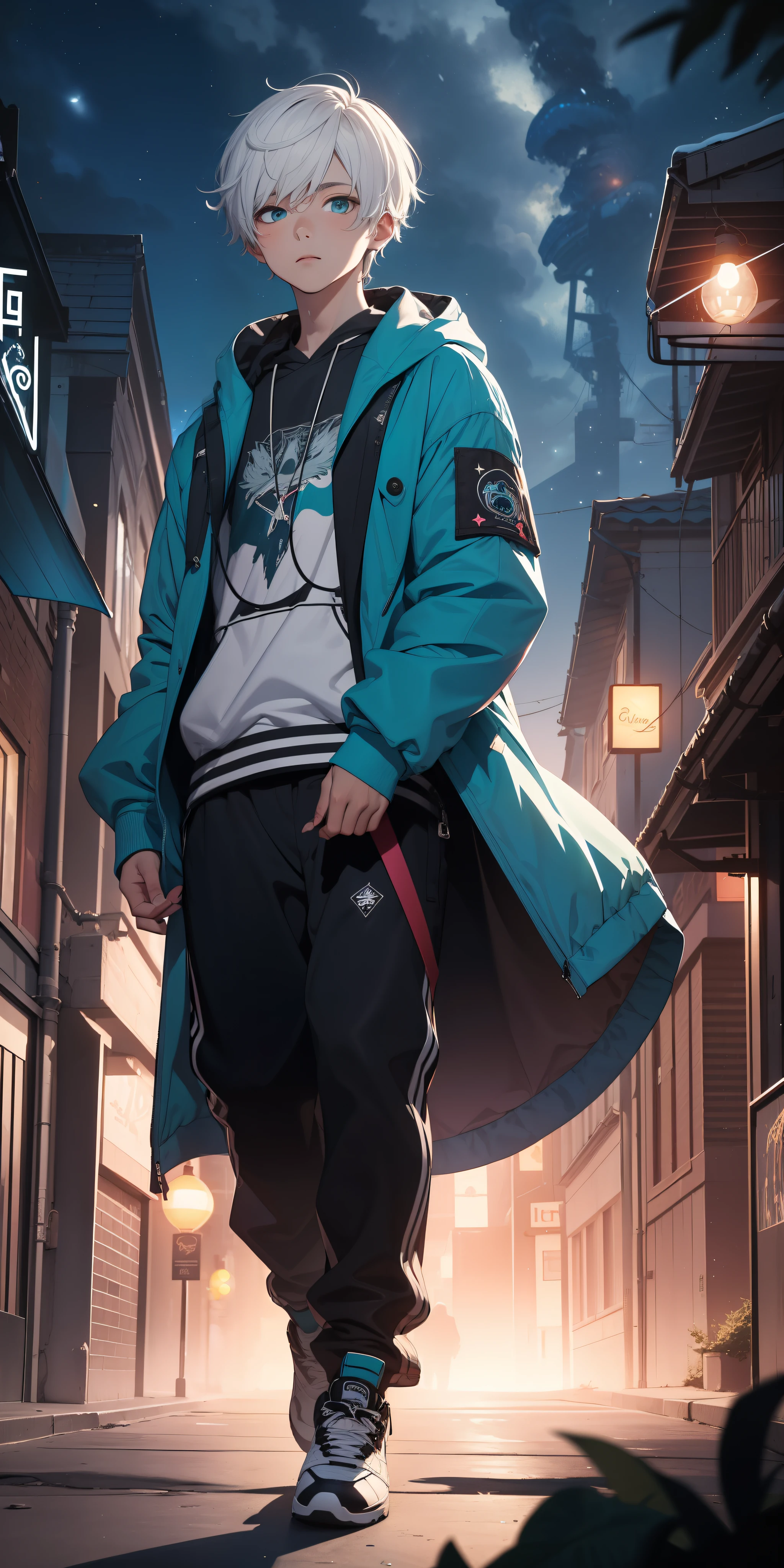 (masterpiece:1.4), 1boy, urban sorcerer, Streetwear, street, (masterpiece, best quality, highres, ultra detailed ), night, depth of field, absurdres, (masterpiece:1.4), ultra-detailed, 1boy, stand up, white and teal, short white wildly hair with dark streaks, fluttering hair, surrounded by magic lights and stars
