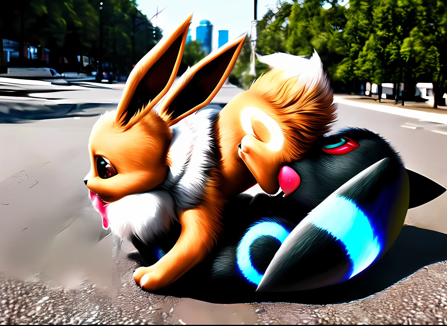 animal focus, lying, 69 position, (feral), (large umbreon), (small eevee), ((shiny pokemon)), (duo), fur, pupils, paws, pawpads, tail, ((symmetrical)), female/female, size difference,, oral, tongue, penetration,, licking), tongue out, female, anatomically correct, anatomically correct, (anatomically correct, (canine, animal, (pink, juice, in heat, y, glistening genitalia, masterpiece, best quality, photorealistic, hyperrealistic, ultradetailed, detailed background, outside background, digital drawing (artwork), photo background,